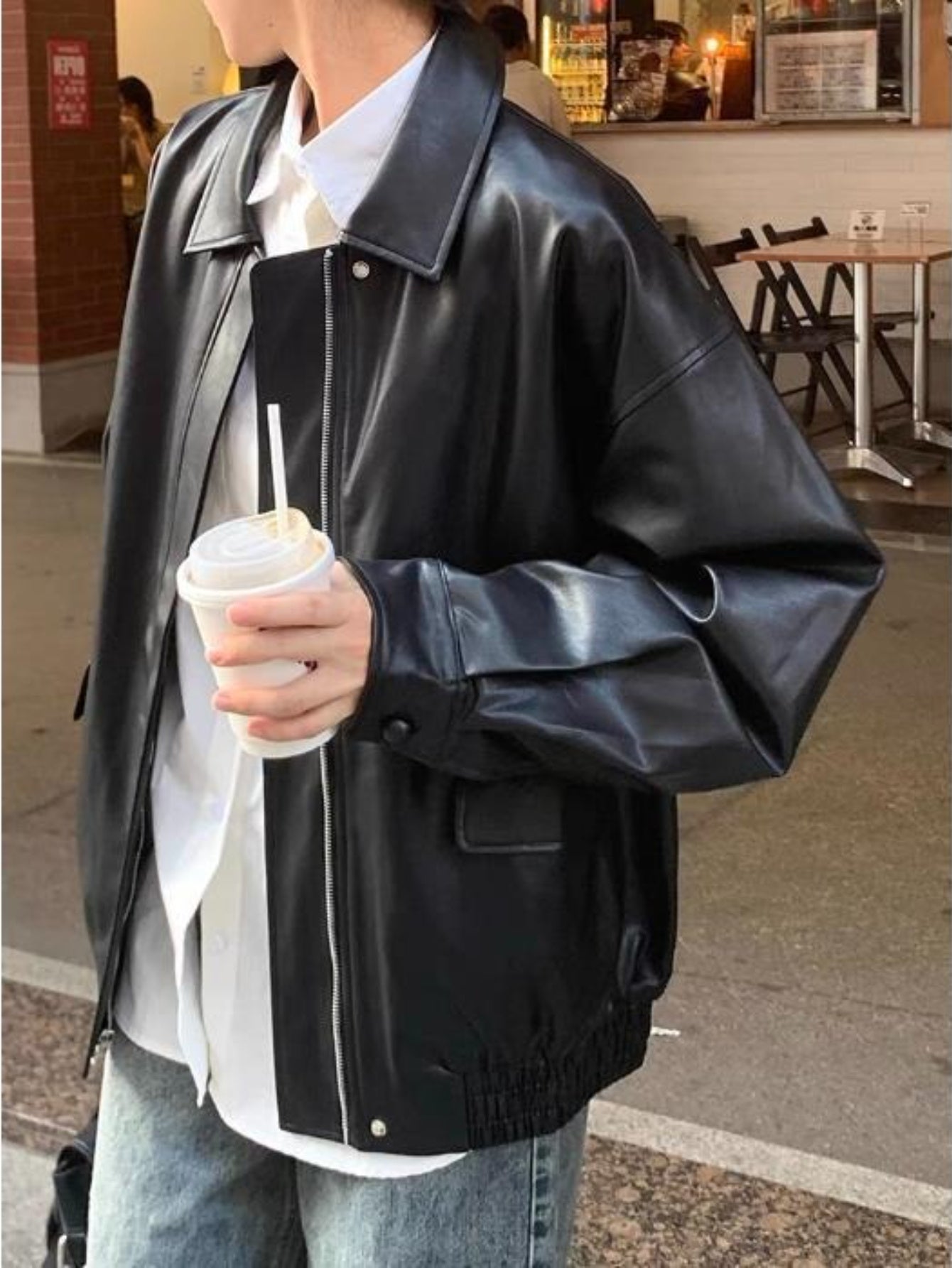 Women's Retro Motorcycle Jacket - Matte Black PU Leather Coat, Petite-Friendly Loose Fit with Side Pockets, Machine Washable Fall\u002FWinter Outerwear for Everyday & special Occasions