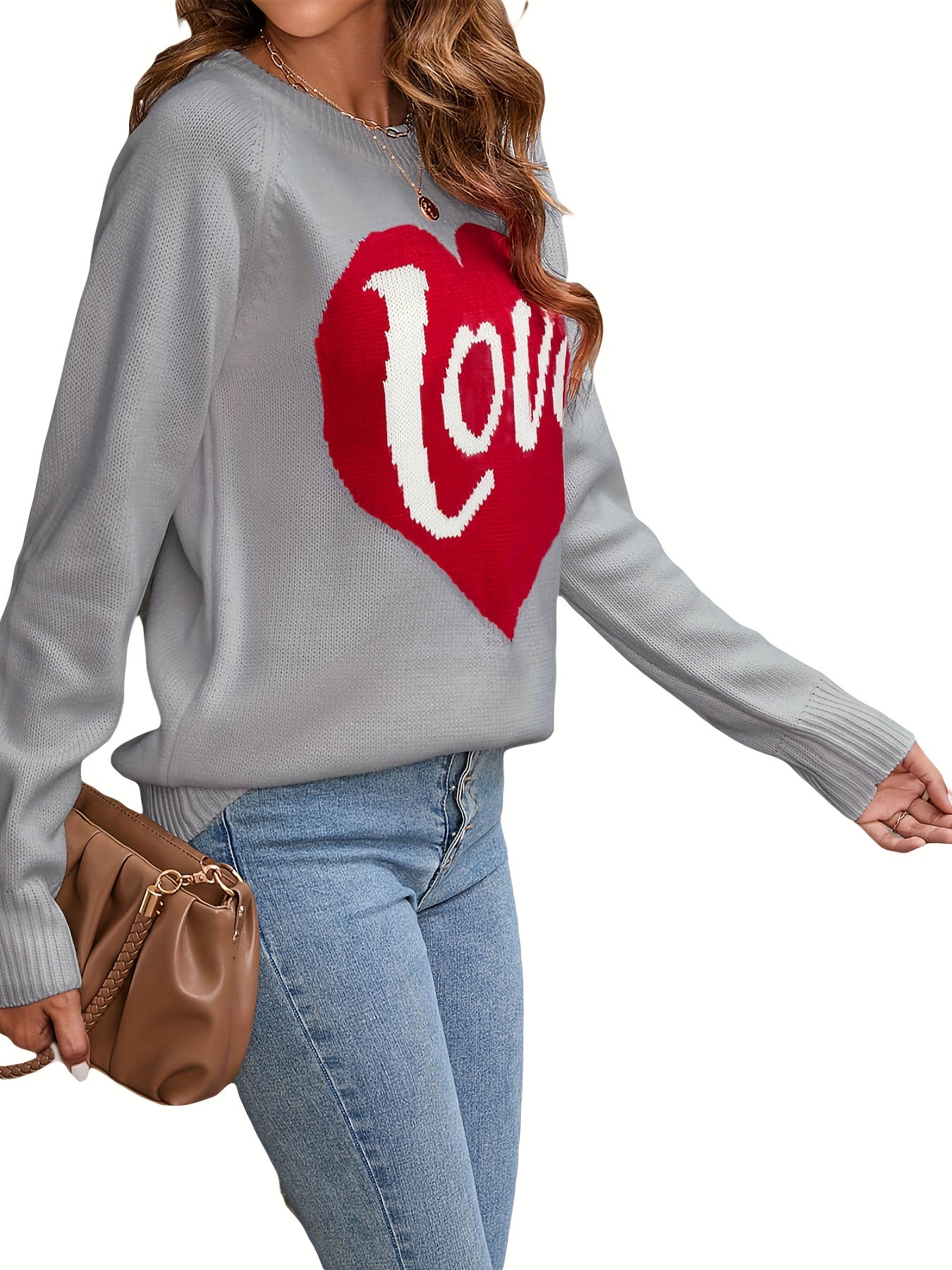 1pc Vintage Style Women'S Knit Sweater with Heart-Shaped \