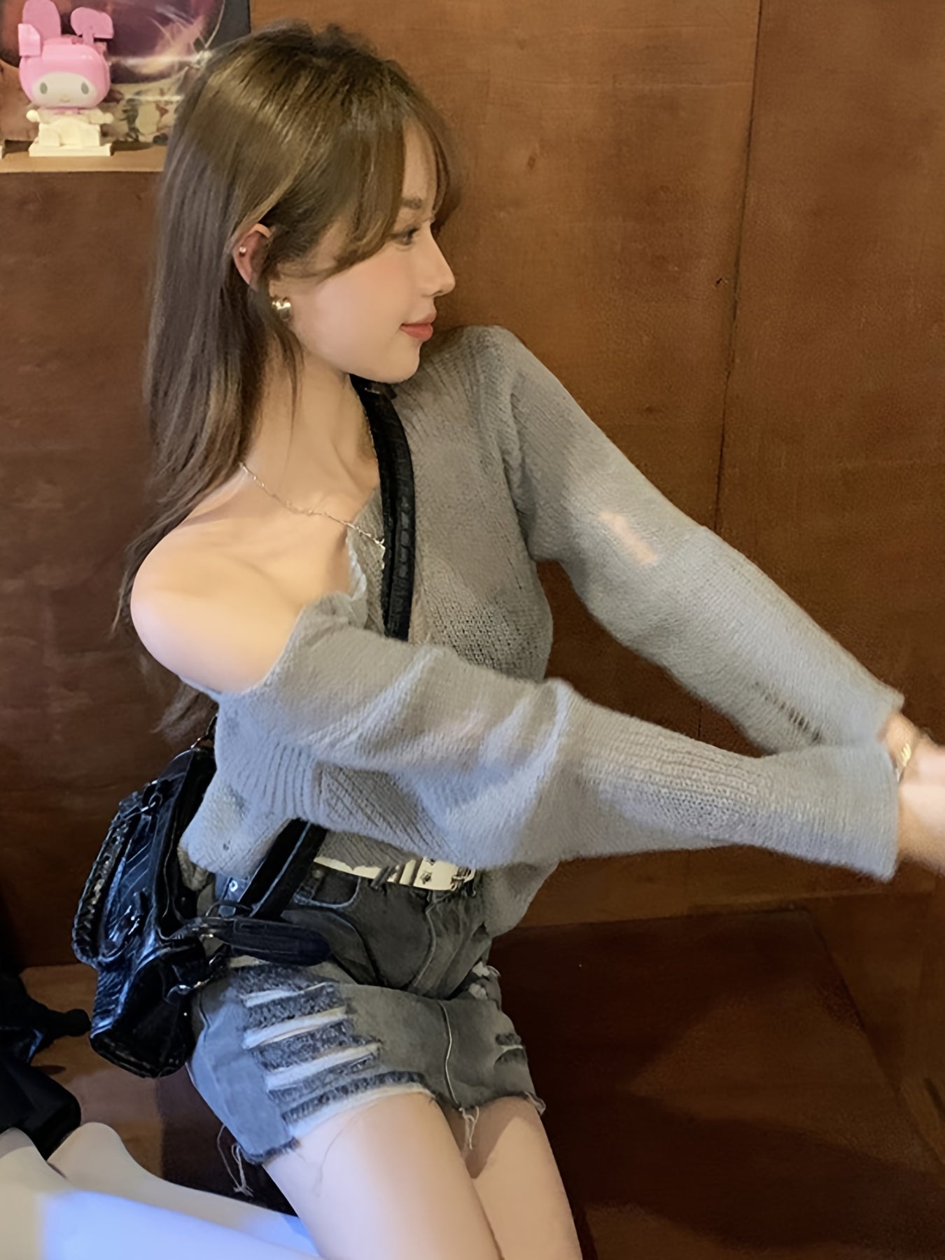 Women's Fluffy Off-Shoulder Sweater - Solid Color, Loose Fit, Ripped Long Sleeve Knitwear for Summer and Fall Streetwear