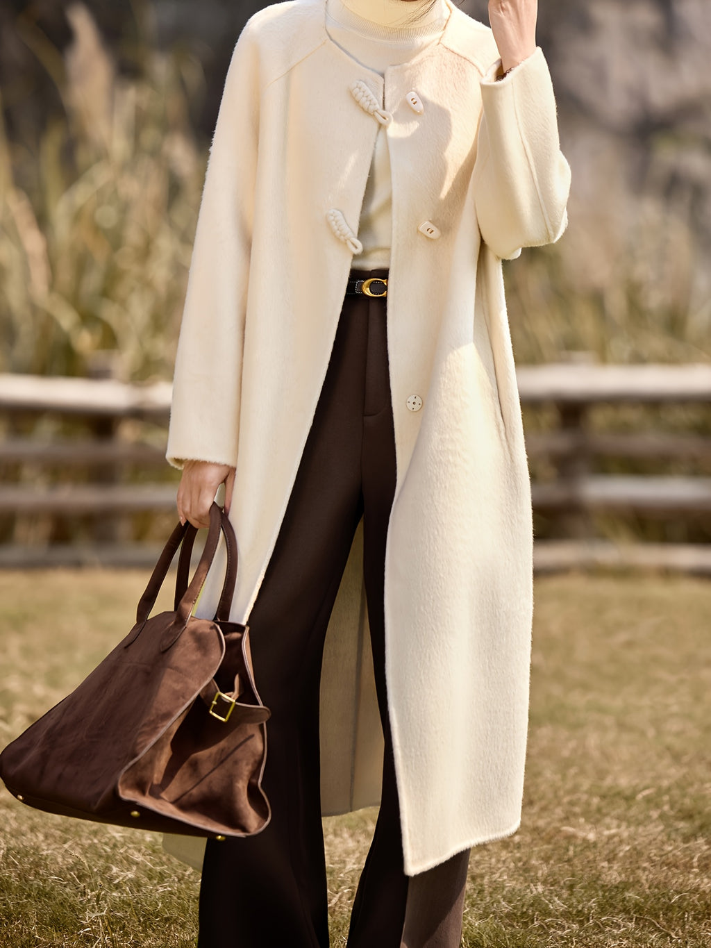 Women's Winter Tweed Coat - Long Alpaca Coat with Pockets, H-Silhouette Regular Fit, Dry Clean Only Elegant Outerwear