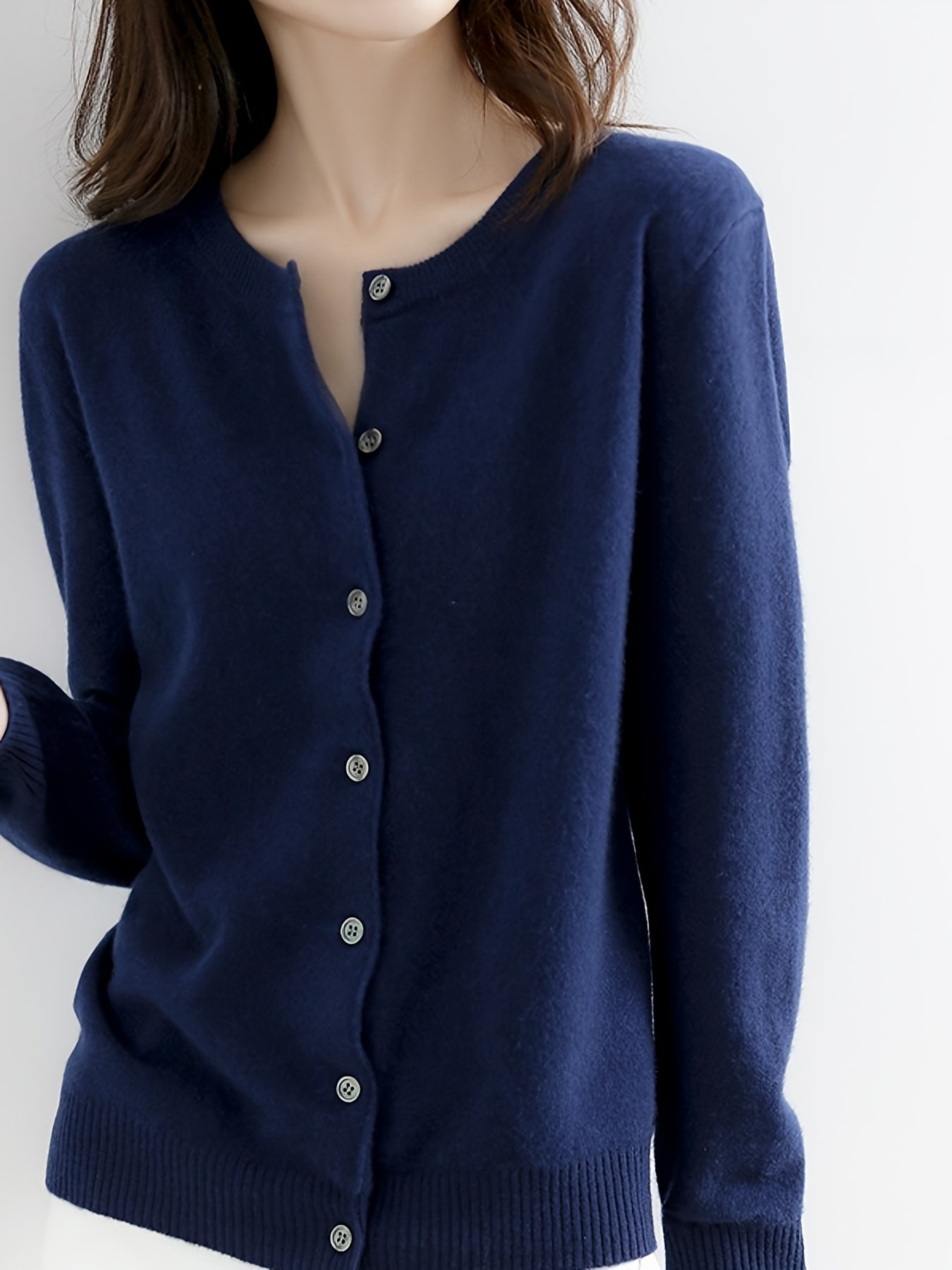 Plus Size Women'S Knitted Cardigan Solid Color Basic Crew Neck Long Sleeve Button Down Cardigan Sweater, L-XXL