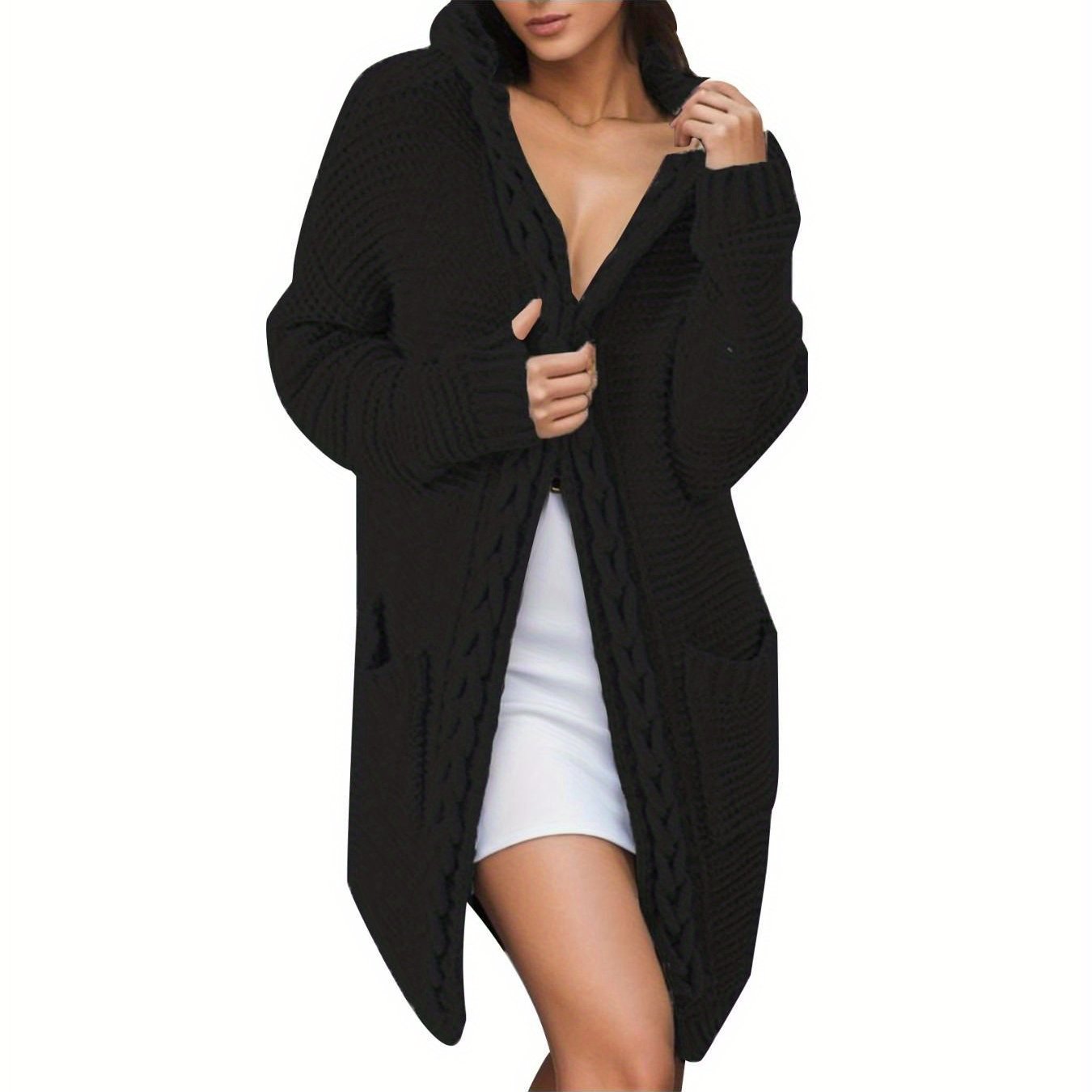 Women'S Elegant Cable Hooded Cardigan - Long Sweater Coat with Pockets, Brown, Cozy Fall\u002FWinter Outerwear, Stylish Layering Piece for Casual or Formal Outfits, Sweater Cardigan
