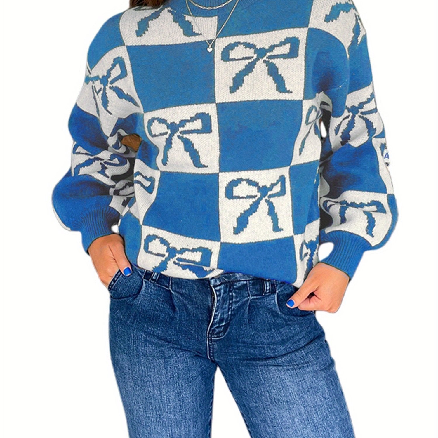 1pc Women'S Casual Crew Neck Knit Sweater - Polyester Long Sleeve Ribbed Top with Checkered Bow Pattern for Fall\u002FWinter