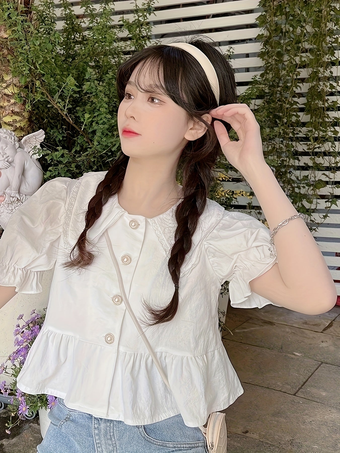 Chic French-Inspired Doll Collar Blouse for Women - Cute Short Sleeve Shirt with Ruffled Cuffs, Button-Up Front, and Flowing Hem, Perfect for Spring & Summer, Machine Washable, White