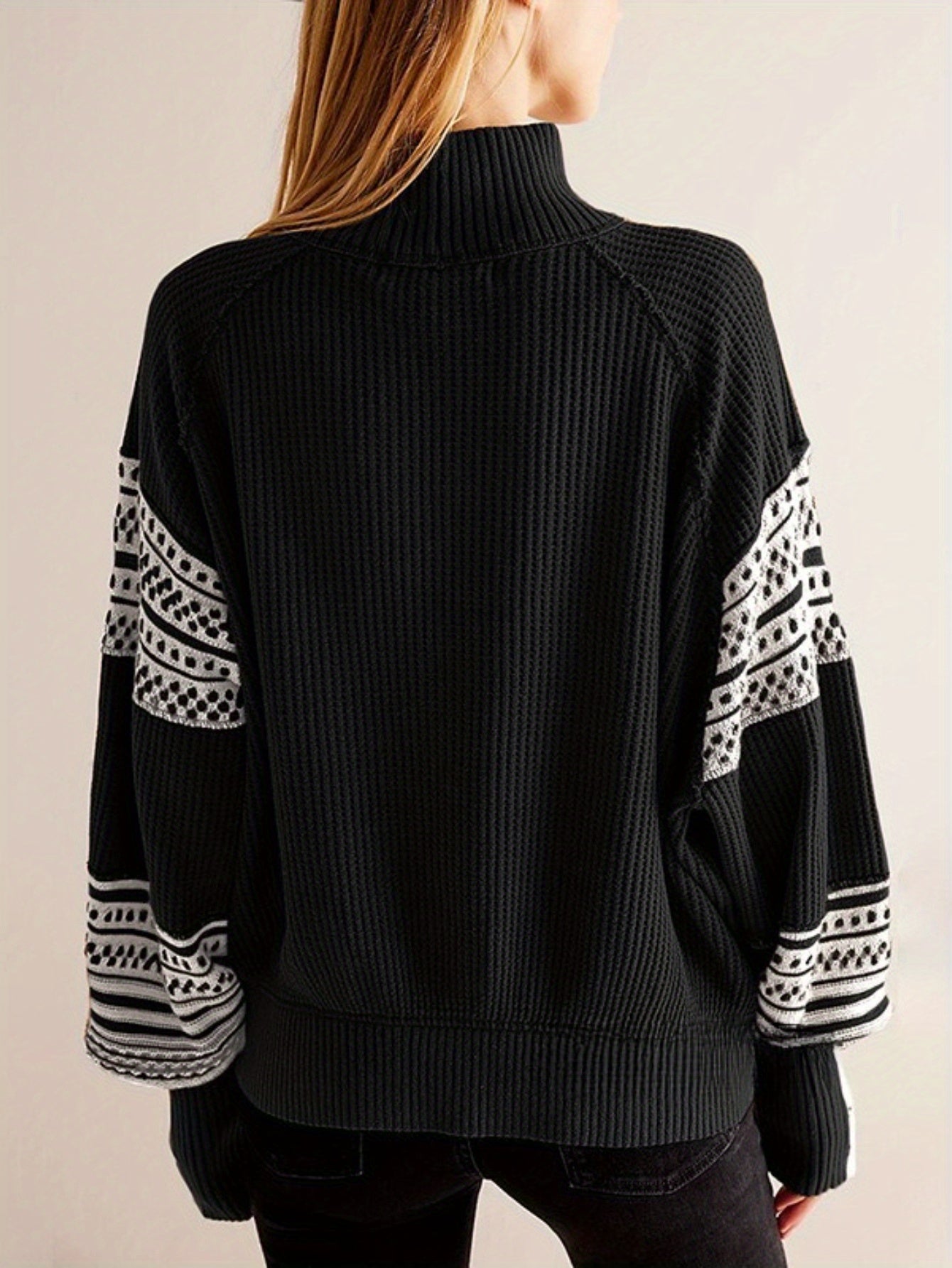 Women'S Color-Blocked Striped Sweater - Semi-High Neck Loose Fit Pullover with Ribbed Cuffs, All-Season Casual & Commuting Top, European-American Style H-Line Silhouette, Cute Sweater, Commuting Attire, Colorblock Design, Textured Fabric
