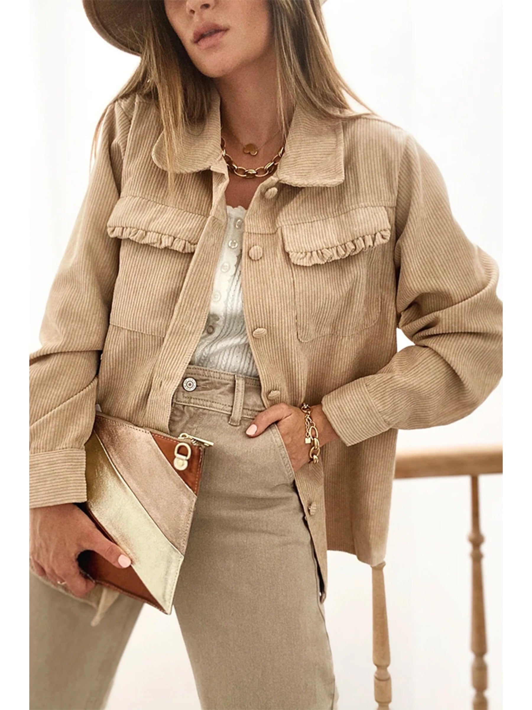 Womens Corduroy Sherpa Jackets Button Long Sleeve Fleece Outwear Coat with Pockets