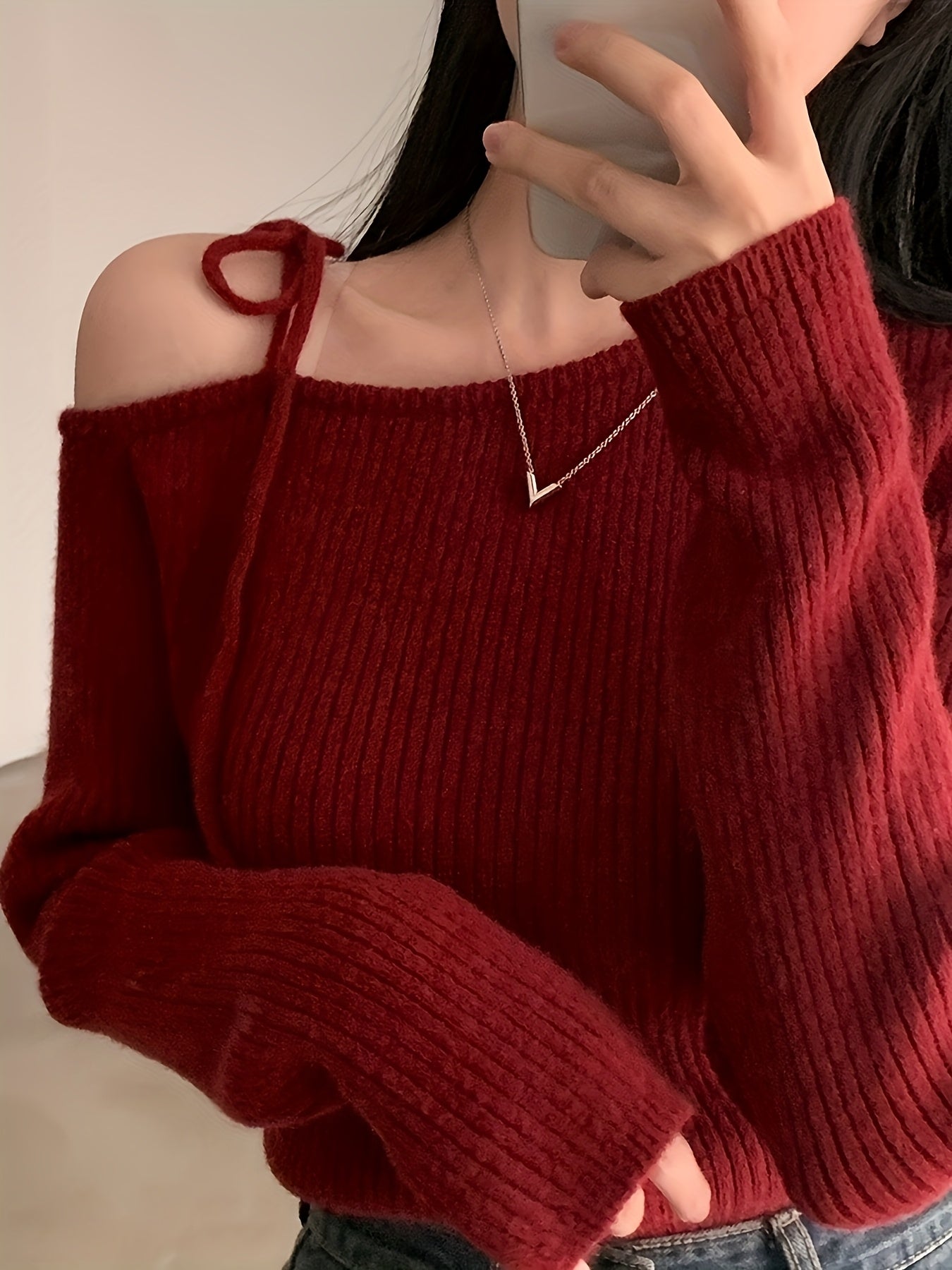 Women's Sexy Off-Shoulder Slim Fit Long Sleeve Sweater - Red Ice-Sliky Fiber Mid-Stretch Top, Machine Washable Chic Pullover for Fall Winter, Korean-Inspired Design