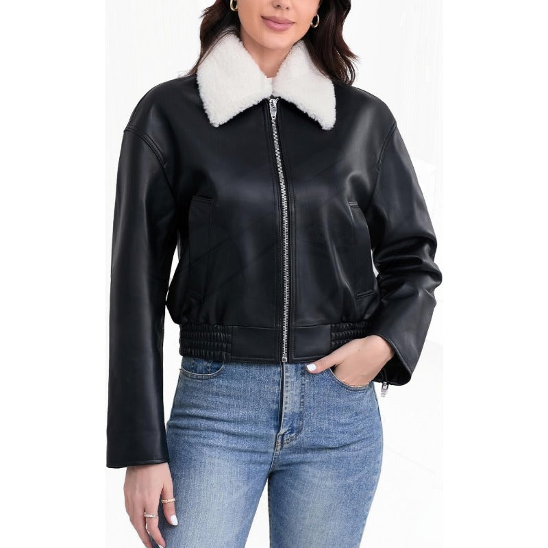 Leather Jacket WomenCropped Lambskin Bomber Jacket Removable Sherpa Collar Zip Front Elasticized Hem