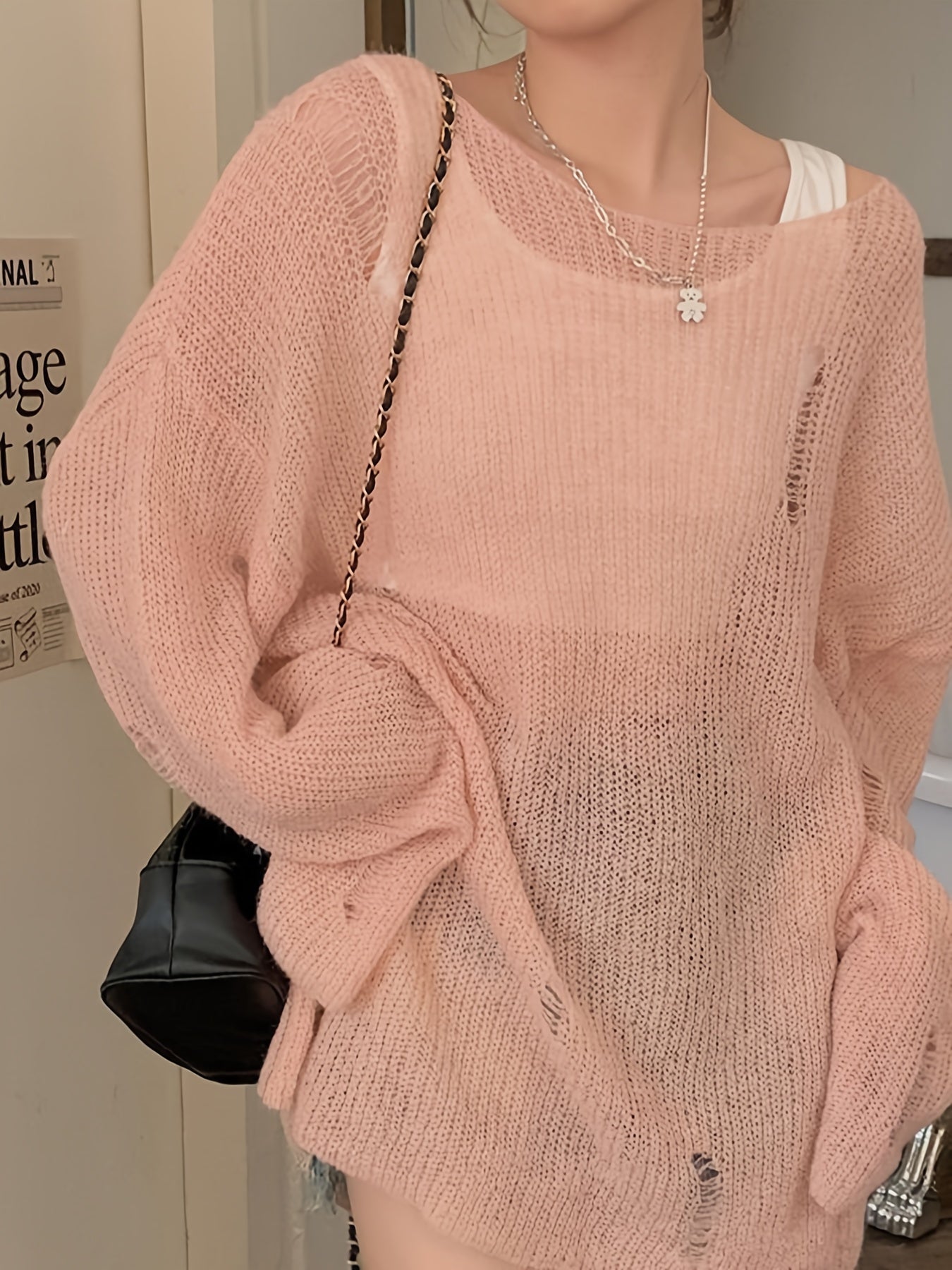 Women's Fluffy Off-Shoulder Sweater - Solid Color, Loose Fit, Ripped Long Sleeve Knitwear for Summer and Fall Streetwear