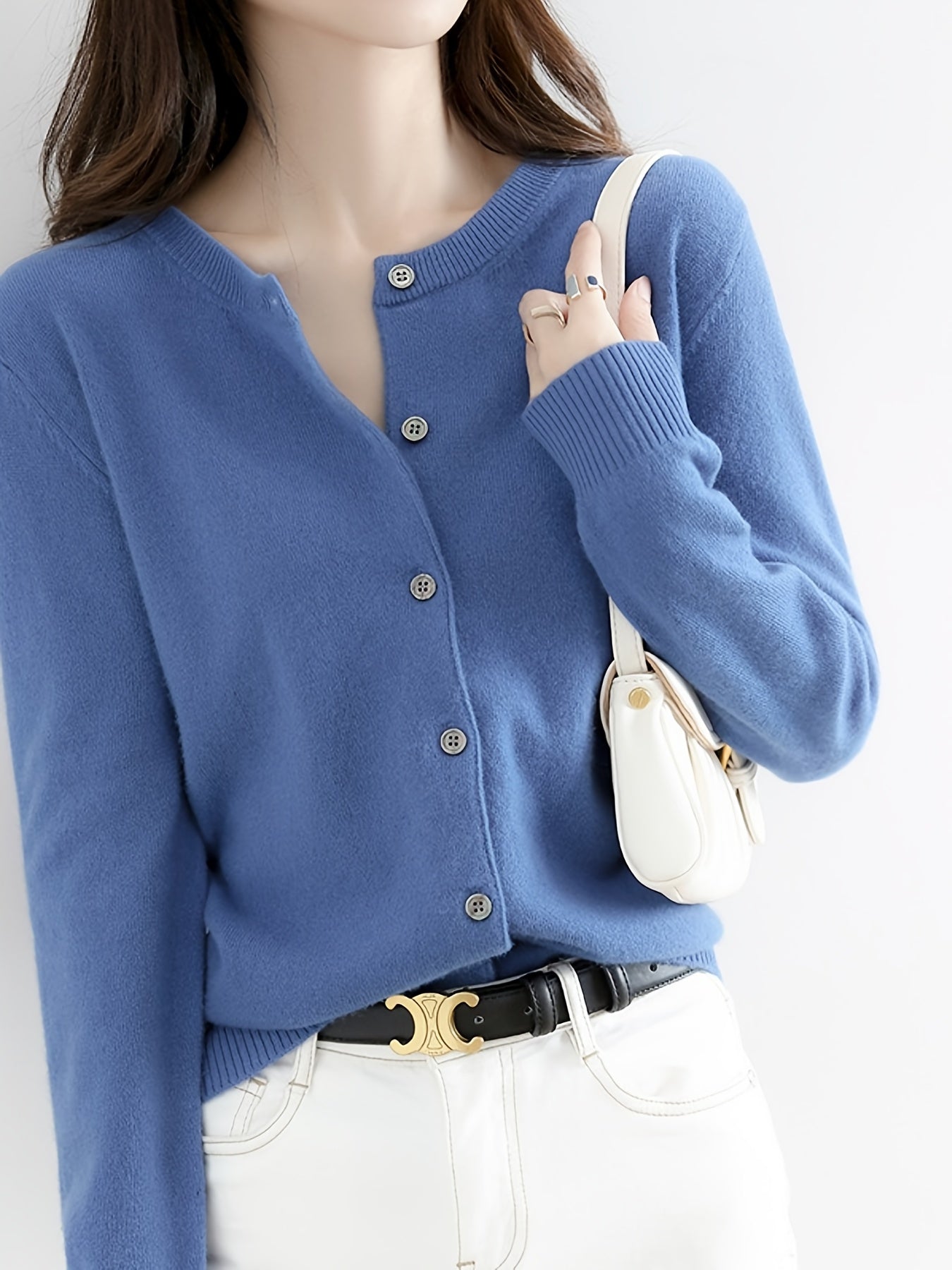 Plus Size Women'S Knitted Cardigan Solid Color Basic Crew Neck Long Sleeve Button Down Cardigan Sweater, L-XXL