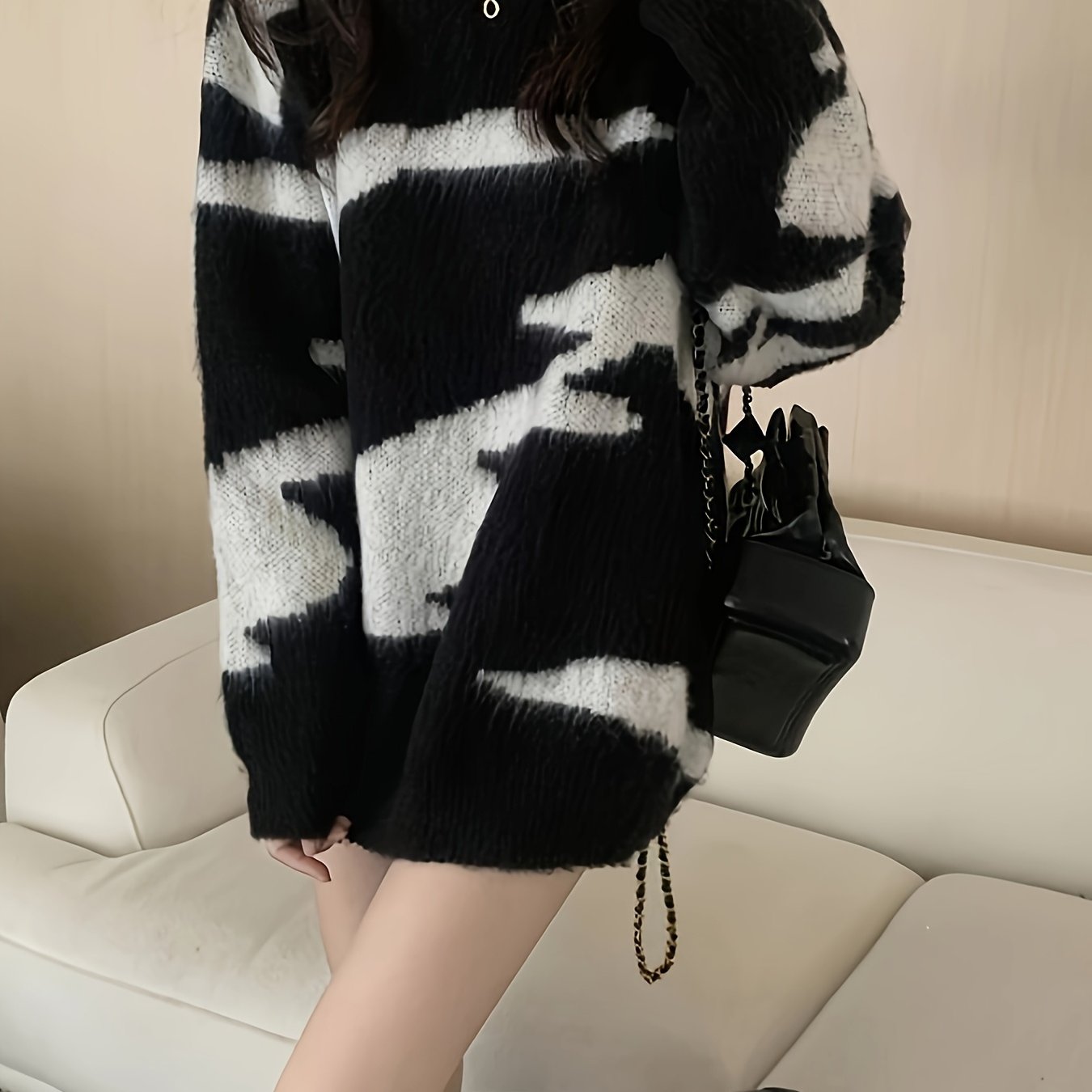 Color Block Zebra Print Plush Sweater - Autumn\u002FWinter Casual Street Fashion Versatile Women's Pullover