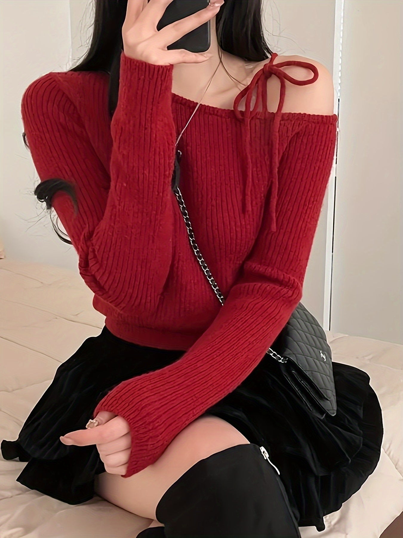 Women's Sexy Off-Shoulder Slim Fit Long Sleeve Sweater - Red Ice-Sliky Fiber Mid-Stretch Top, Machine Washable Chic Pullover for Fall Winter, Korean-Inspired Design