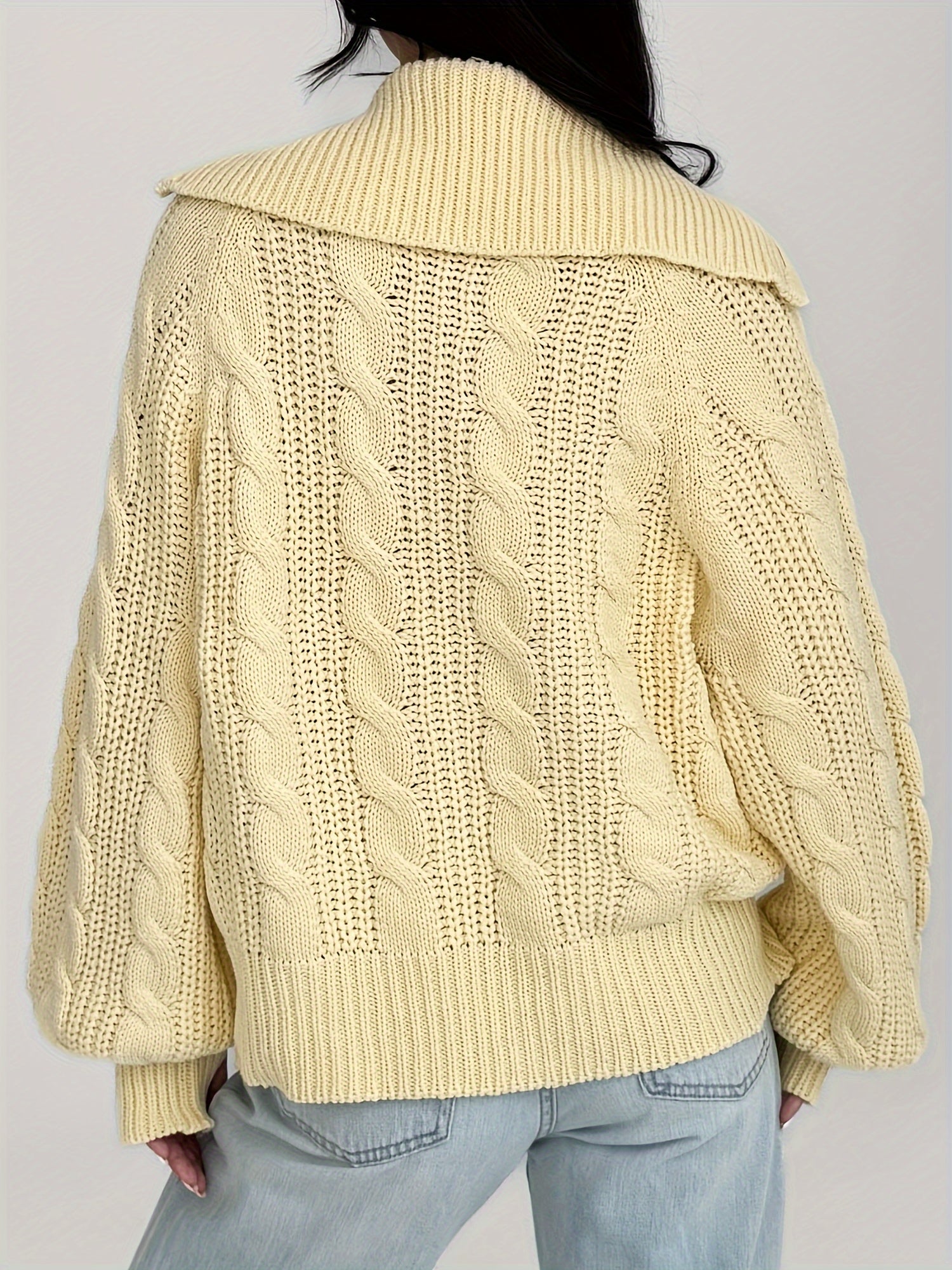 1pc Women'S Casual Cotton Cable Knit Sweater - Fall\u002FWinter Solid Color Long Sleeve Pullover with Sailor Collar and Zipper Detail