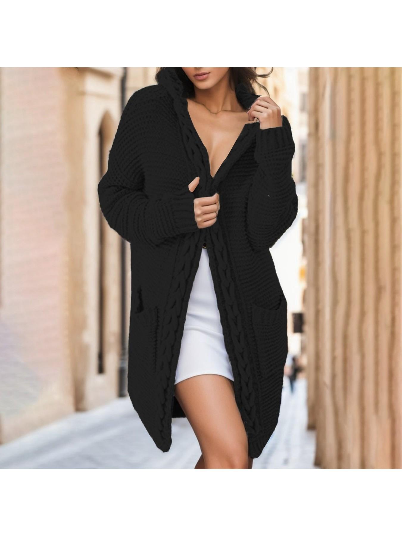 Women'S Elegant Cable Hooded Cardigan - Long Sweater Coat with Pockets, Brown, Cozy Fall\u002FWinter Outerwear, Stylish Layering Piece for Casual or Formal Outfits, Sweater Cardigan
