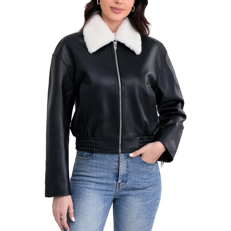 Leather Jacket WomenCropped Lambskin Bomber Jacket Removable Sherpa Collar Zip Front Elasticized Hem