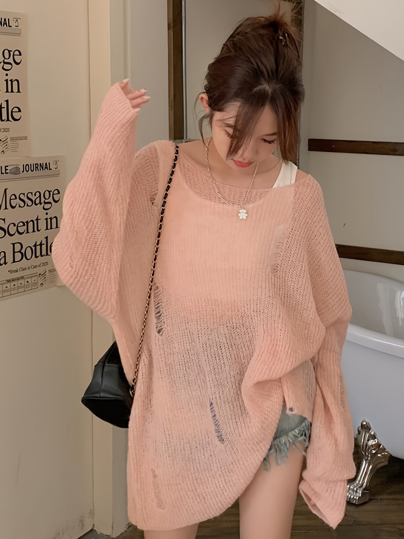 Women's Fluffy Off-Shoulder Sweater - Solid Color, Loose Fit, Ripped Long Sleeve Knitwear for Summer and Fall Streetwear