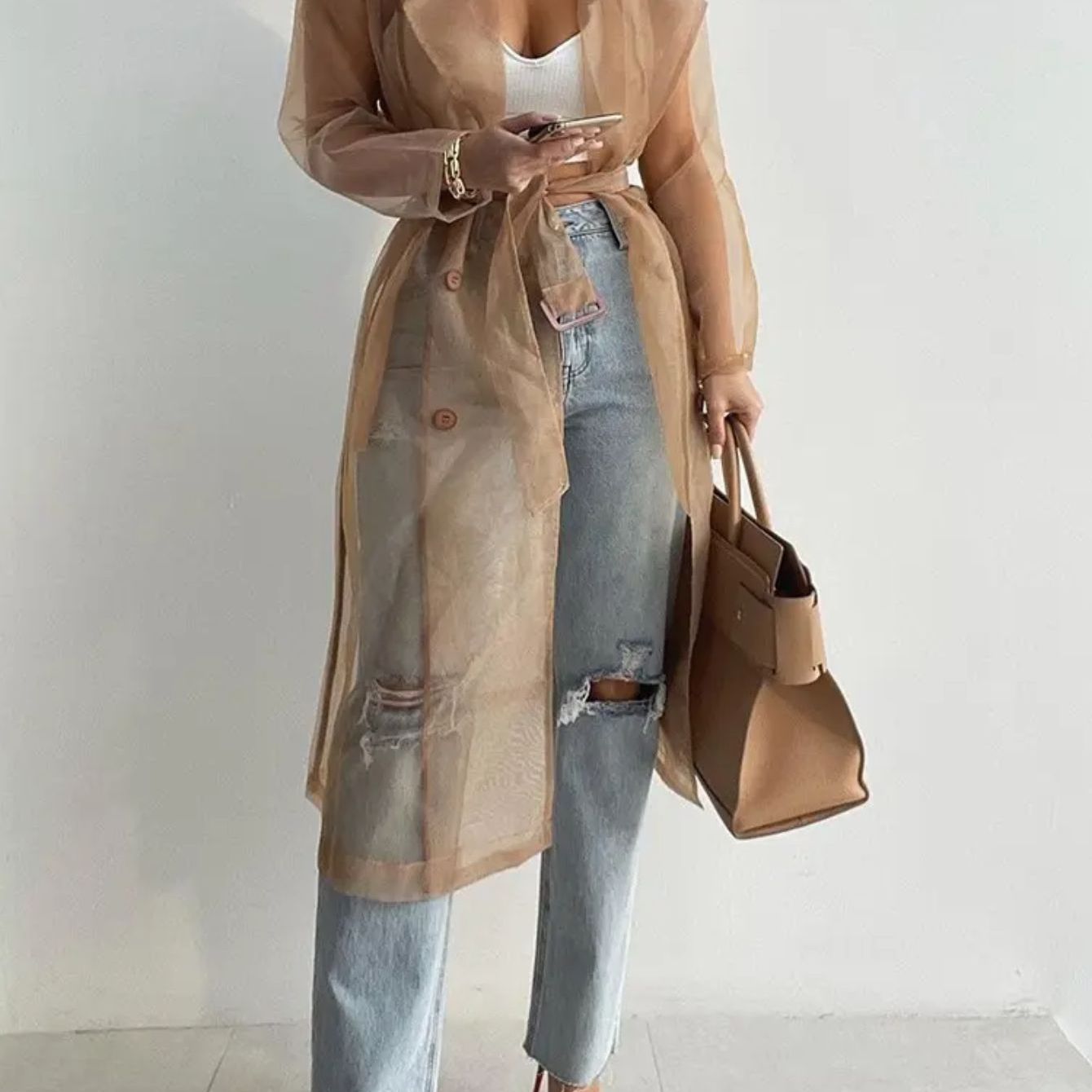 Women'S Elegant Solid Color Double-Breasted Belt Trench Coat Jacket - Long Sleeves, Button- Shirt, Spring Jacket with Golden Buttons, Casual Fashion Style, Regular Fit, Spring Jacket|Y2K Style Jacket|Durable Jacket