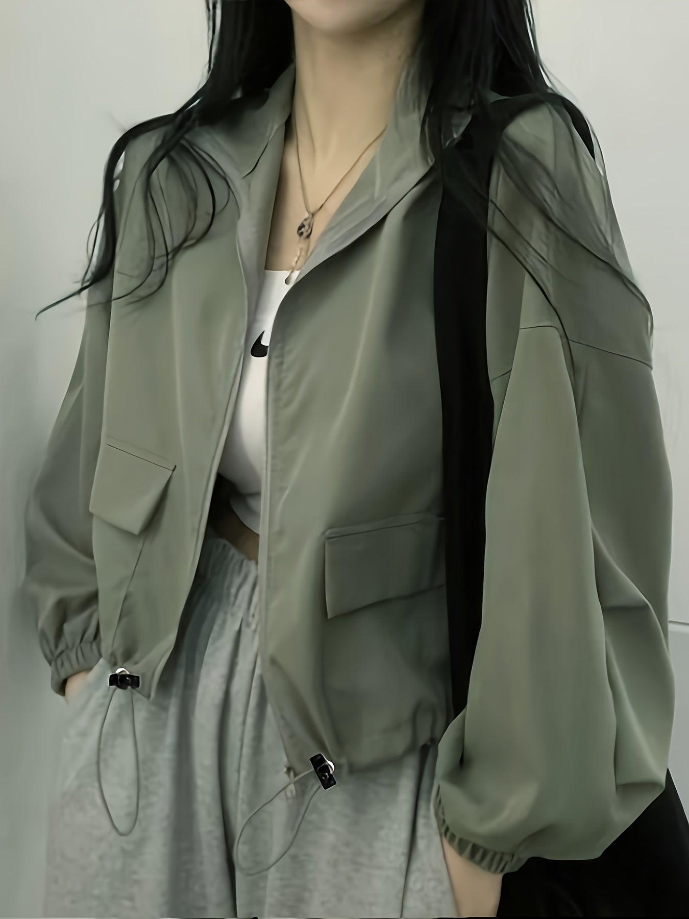 Women'S Lightweight Casual Windbreaker Jacket - Olive Green, Short Length, Zip-Up with Drawstring Hood, Long Sleeves, Perfect for Spring\u002FFall Outings, Spring Outerwear | Casual Style Jacket | Zippered Jacket, Windbreaker