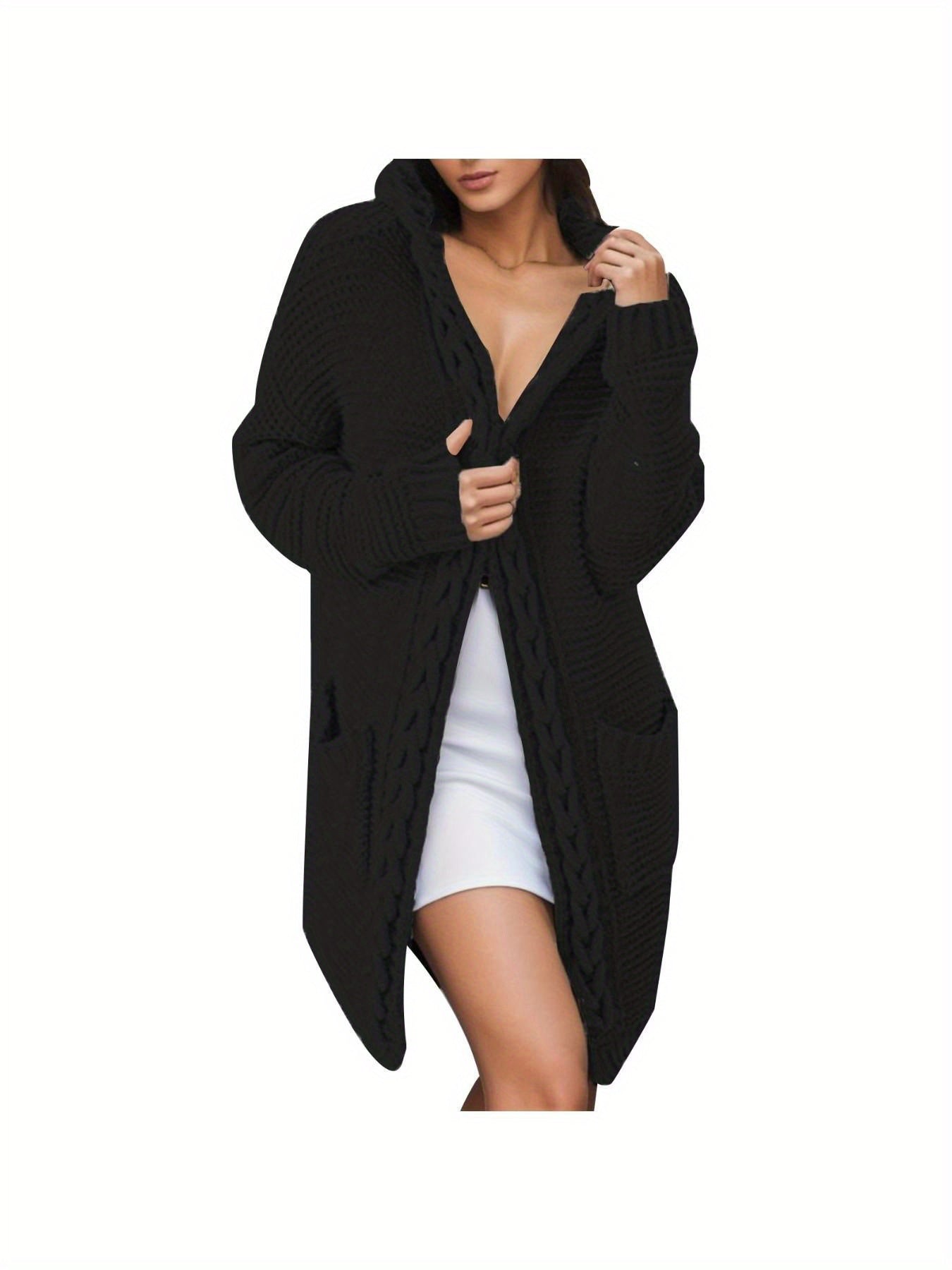 Women'S Elegant Cable Hooded Cardigan - Long Sweater Coat with Pockets, Brown, Cozy Fall\u002FWinter Outerwear, Stylish Layering Piece for Casual or Formal Outfits, Sweater Cardigan