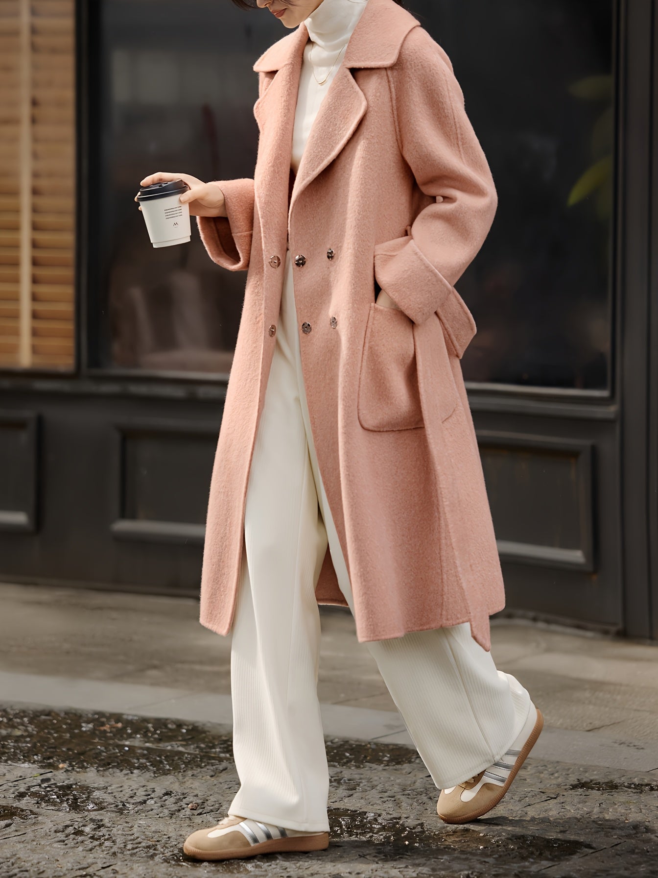 Women'S Wool Blend Long Trench Coat with Tie Waist, Solid Color, Regular Fit, H-Line Silhouette, Double-Breasted, Long Sleeve, Winter Season, Belted, No Padding, Straight Cut Sleeves