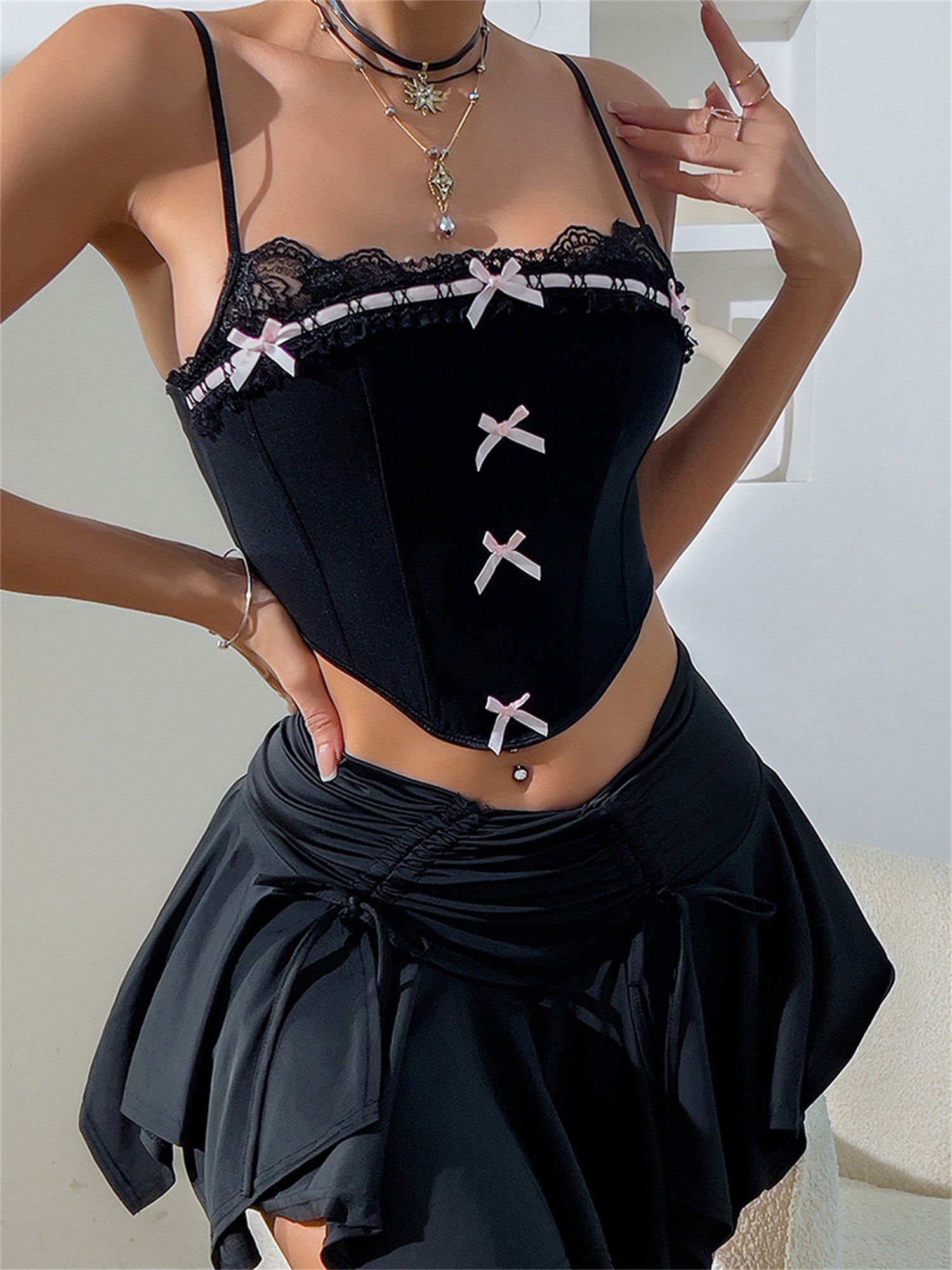 Women'S Sexy Off-Shoulder Lace Trim Camisole Top with 3D Bow Detail - Square Neck Spaghetti Strap Crop Bustier, Black Casual Streetwear for Spring\u002FFall, Spring Fashion | Offshoulder Fashion | Spaghetti Straps