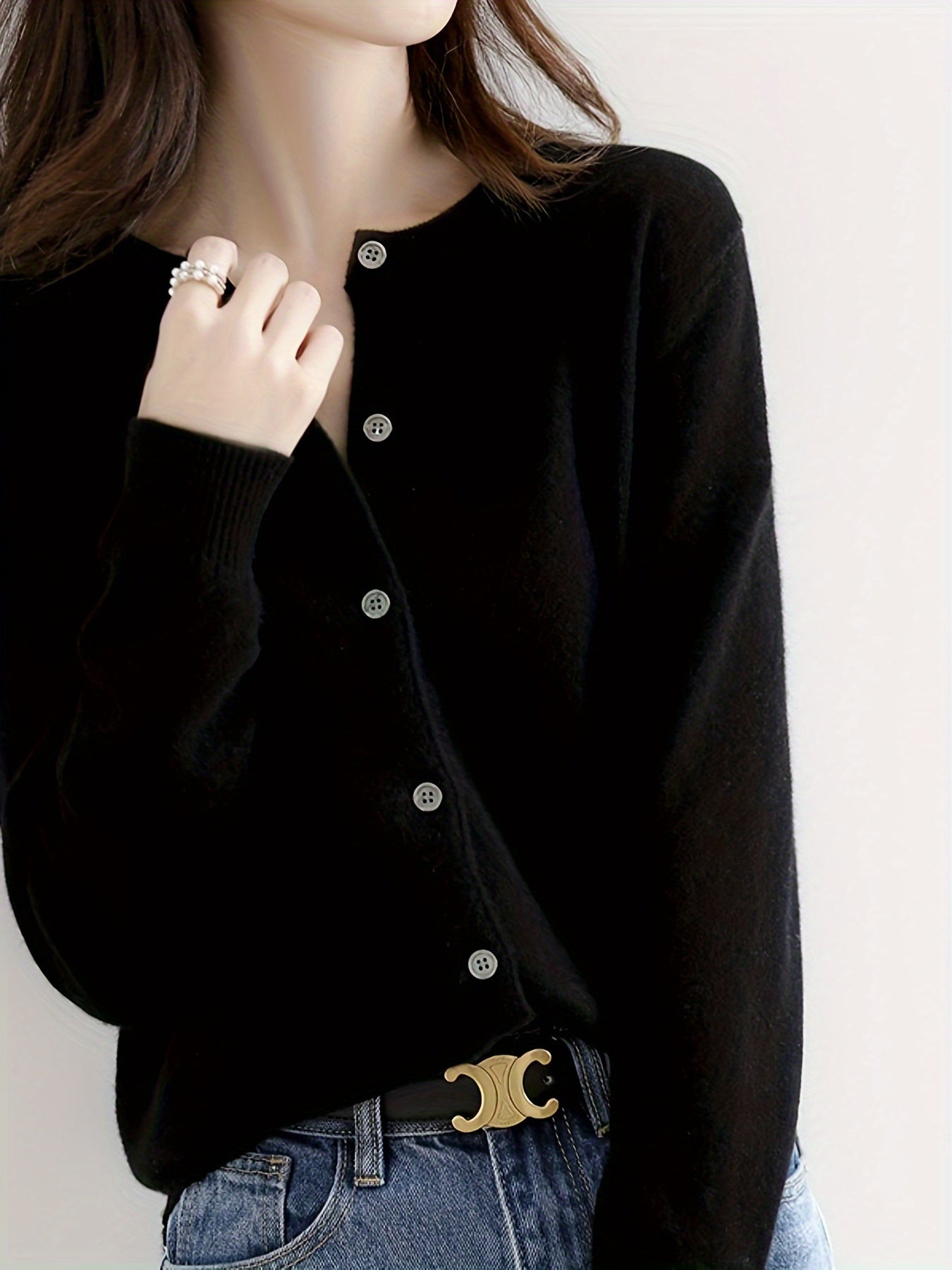 Plus Size Women'S Knitted Cardigan Solid Color Basic Crew Neck Long Sleeve Button Down Cardigan Sweater, L-XXL