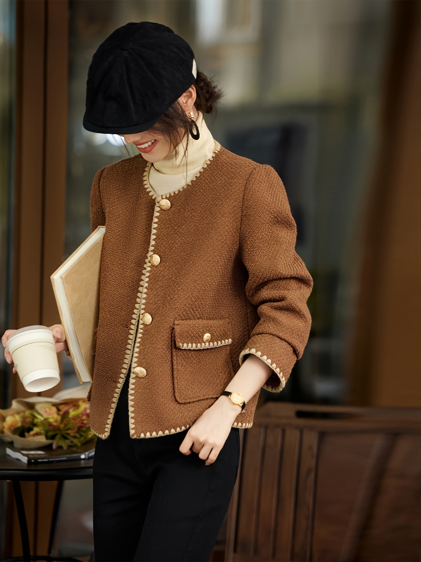 Elegant Polyester Knit Cardigan - Women'S Color Block Long Sleeve Casual Jacket with Contrast Binding, Single Breasted Placket, Non-Stretch Fabric for Fall\u002FWinter Outings