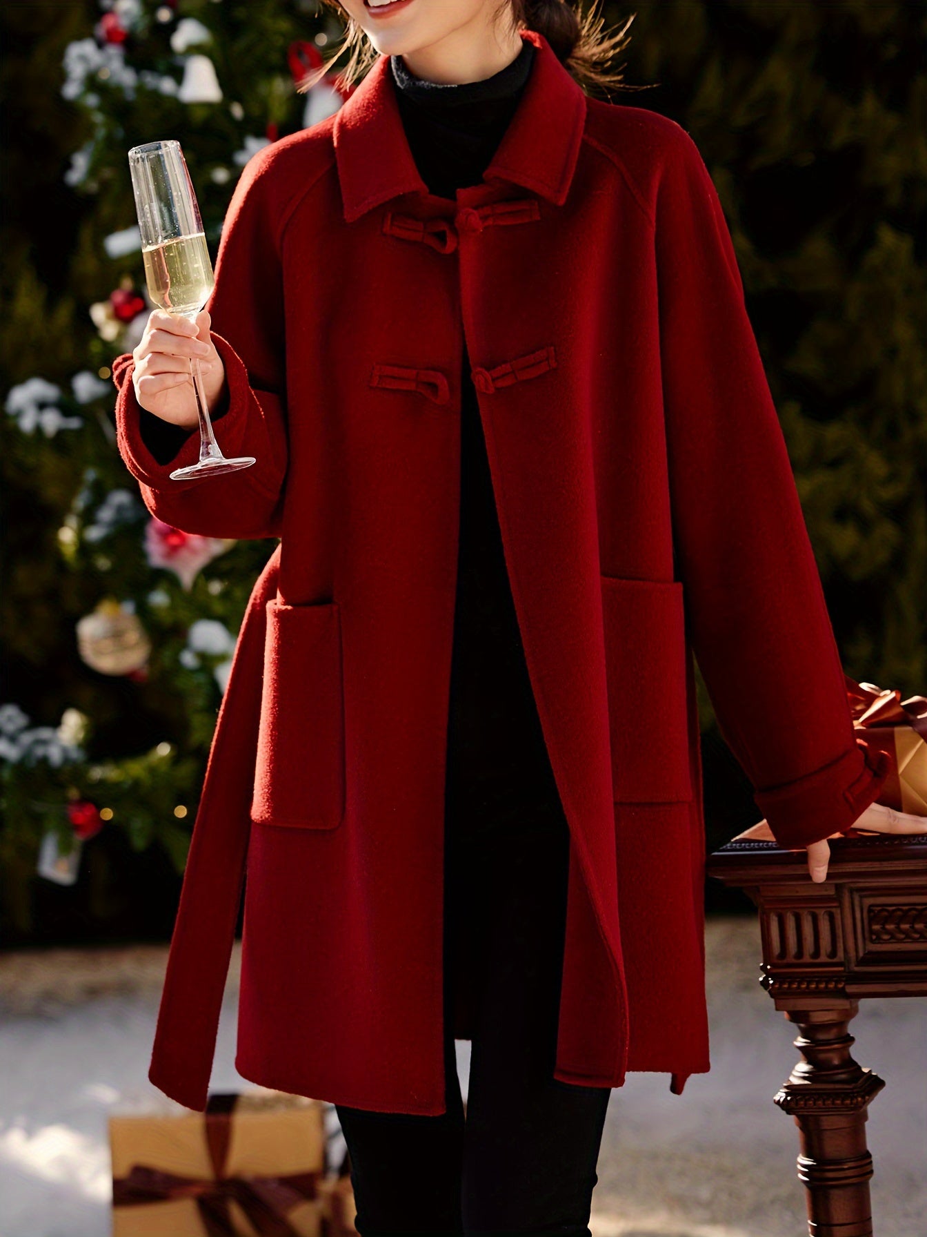 100% Wool Red Double-Faced Coat - Stylish Belted Woolen Winter Coat for Women, Winter Outerwear | Stylish Red Coat | Belted Coat