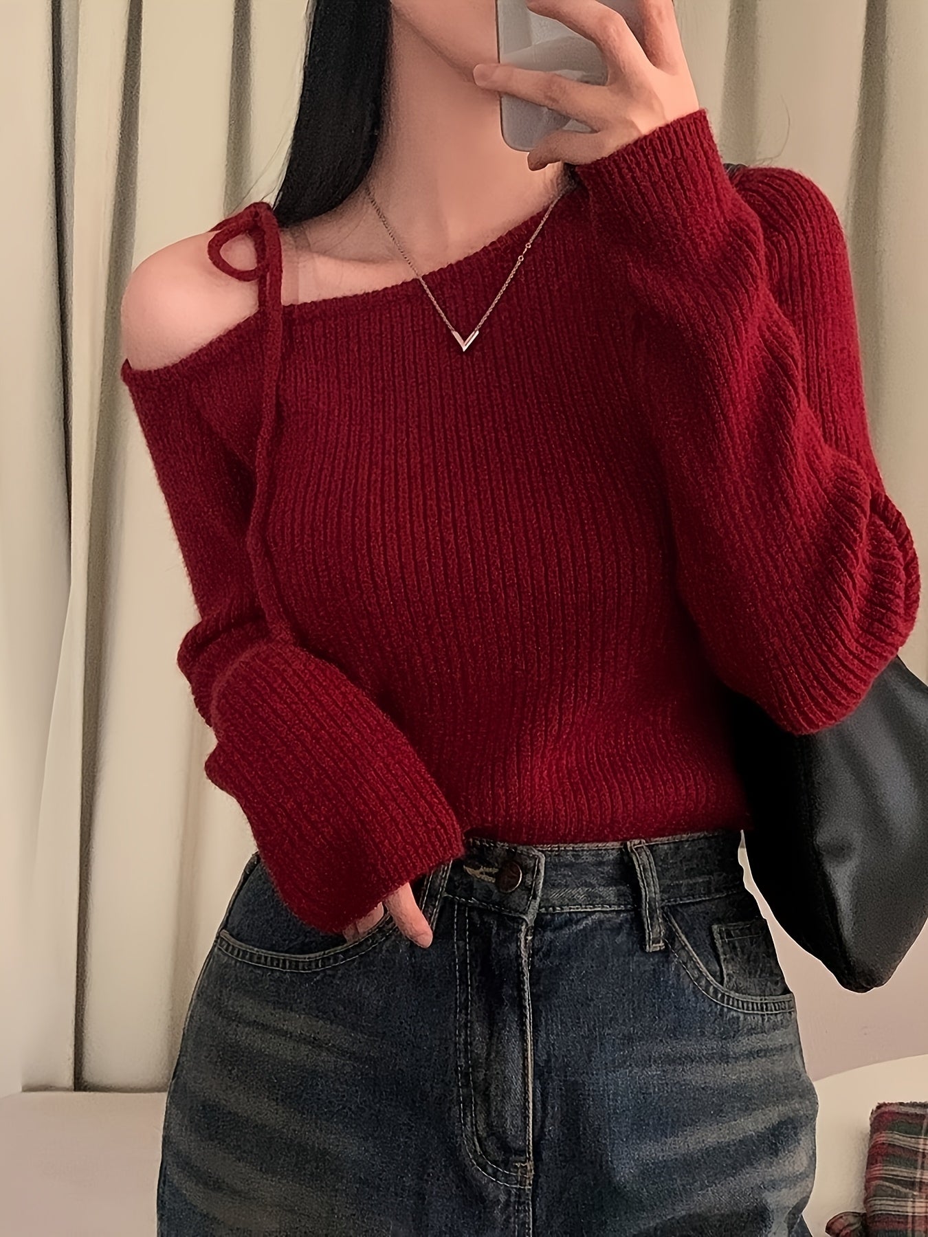 Women's Sexy Off-Shoulder Slim Fit Long Sleeve Sweater - Red Ice-Sliky Fiber Mid-Stretch Top, Machine Washable Chic Pullover for Fall Winter, Korean-Inspired Design