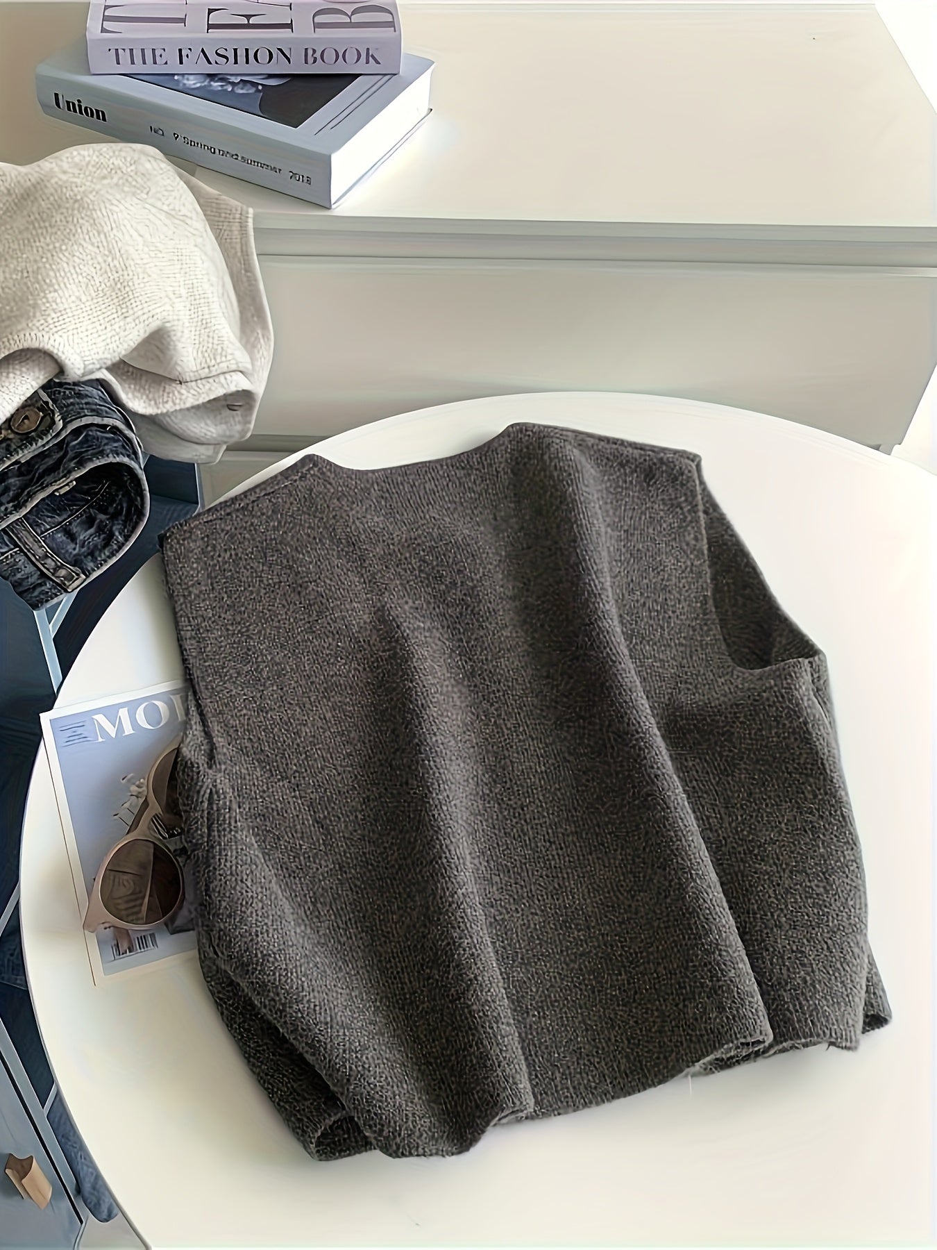 Women'S Chic Cardigan Vest - Button-Up Sleeveless Pullover with Ribbed Texture, Dark Gray, Perfect for Spring\u002FSummer\u002FFall, Casual Wear, Casual Wear Vest | Buttonup Cardigan | Construction, Cardigan Vest