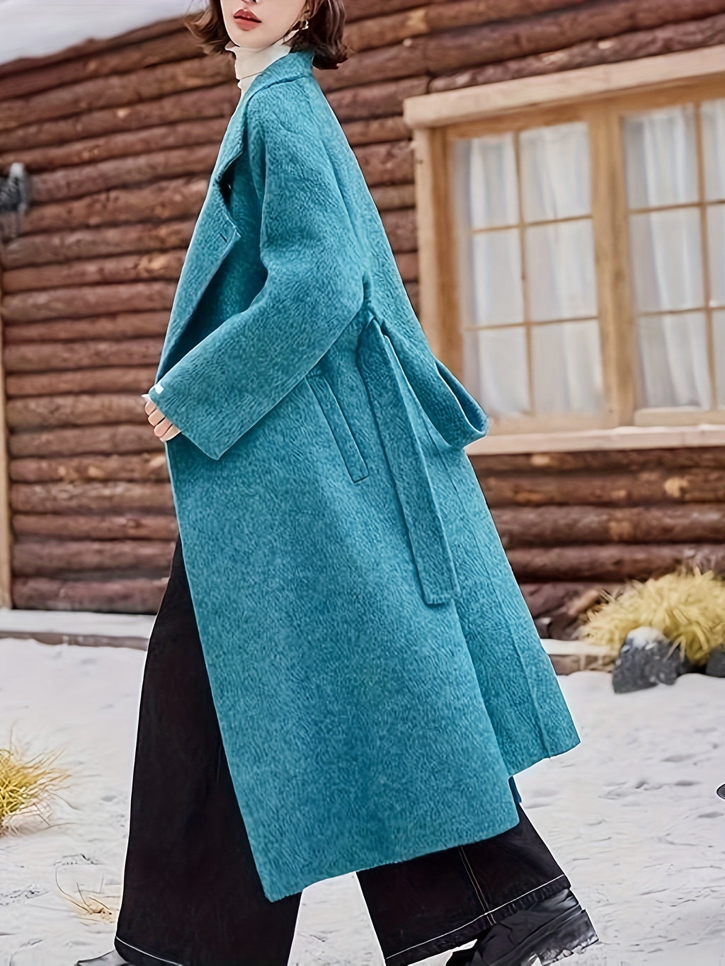 Elegant Teal Wool Winter Coat for Women - Double-Sided Nylon, Long Sleeve with Belt, Buttoned Turtleneck Collar, Ribbed Cuffs, Perfect for Cold Weather Outdoor Style