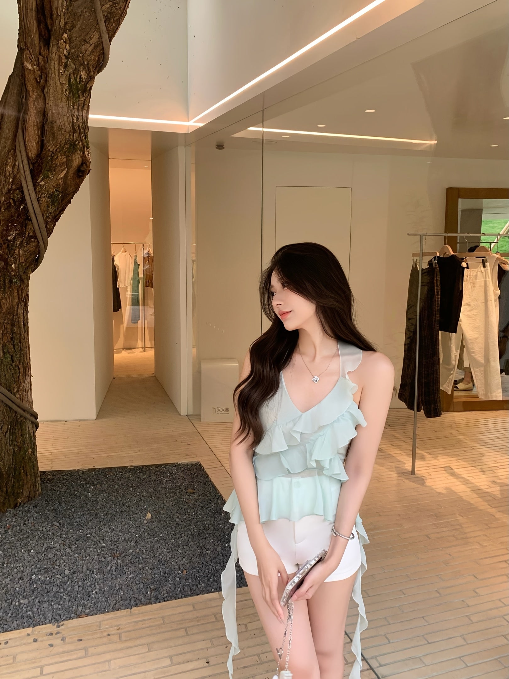 Mint green ruffled chiffon suspender vest for women wearing summer Thai pure sweet hot halter neck strap top