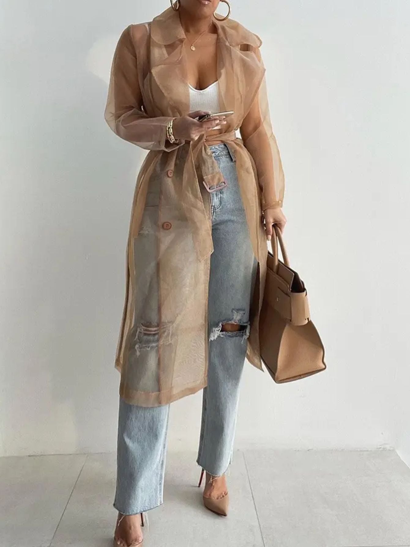 Women'S Elegant Solid Color Double-Breasted Belt Trench Coat Jacket - Long Sleeves, Button- Shirt, Spring Jacket with Golden Buttons, Casual Fashion Style, Regular Fit, Spring Jacket|Y2K Style Jacket|Durable Jacket