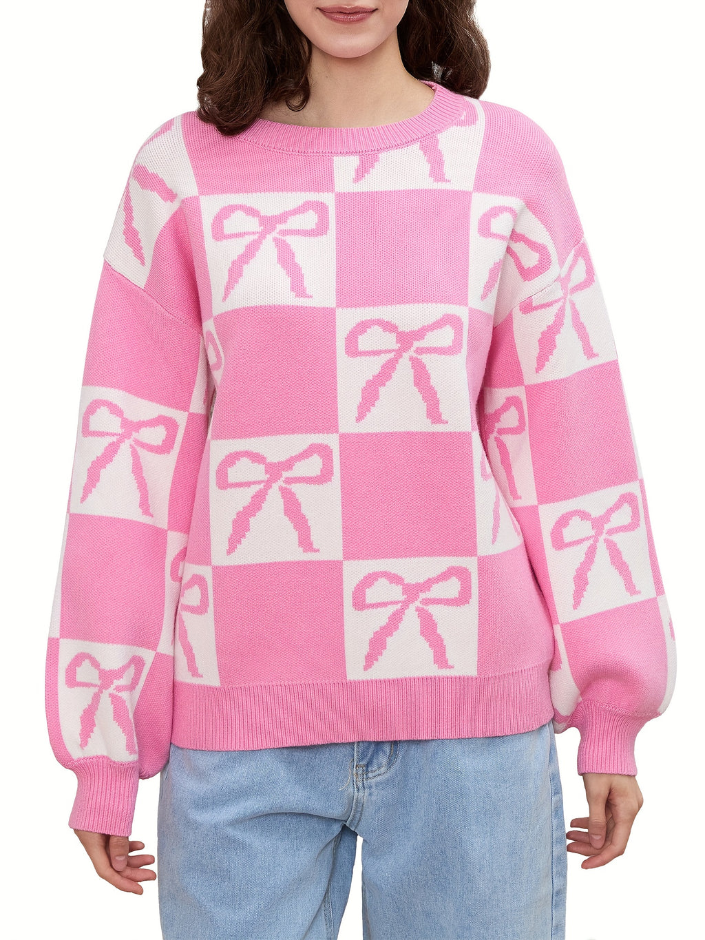 1pc Women'S Casual Crew Neck Knit Sweater - Polyester Long Sleeve Ribbed Top with Checkered Bow Pattern for Fall\u002FWinter