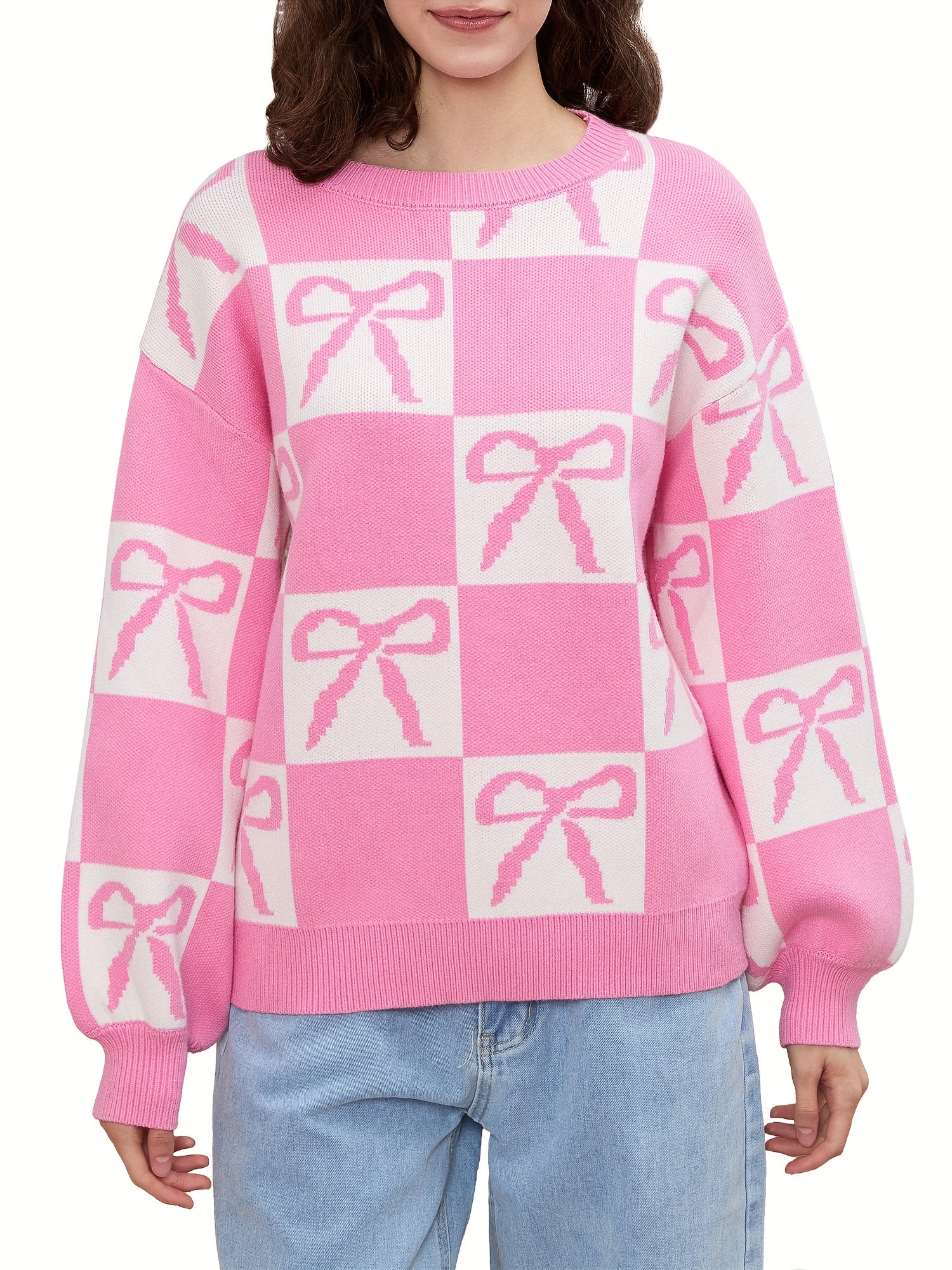 1pc Women'S Casual Crew Neck Knit Sweater - Polyester Long Sleeve Ribbed Top with Checkered Bow Pattern for Fall\u002FWinter