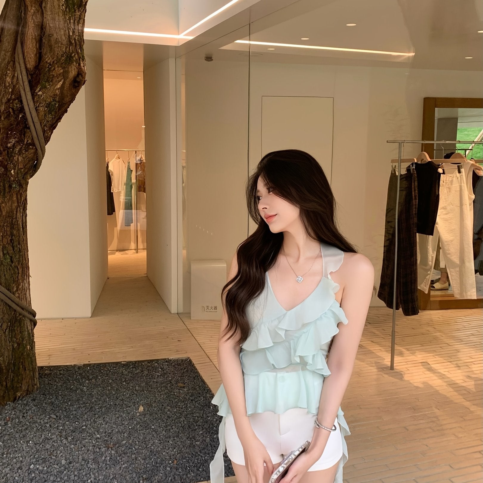 Mint green ruffled chiffon suspender vest for women wearing summer Thai pure sweet hot halter neck strap top