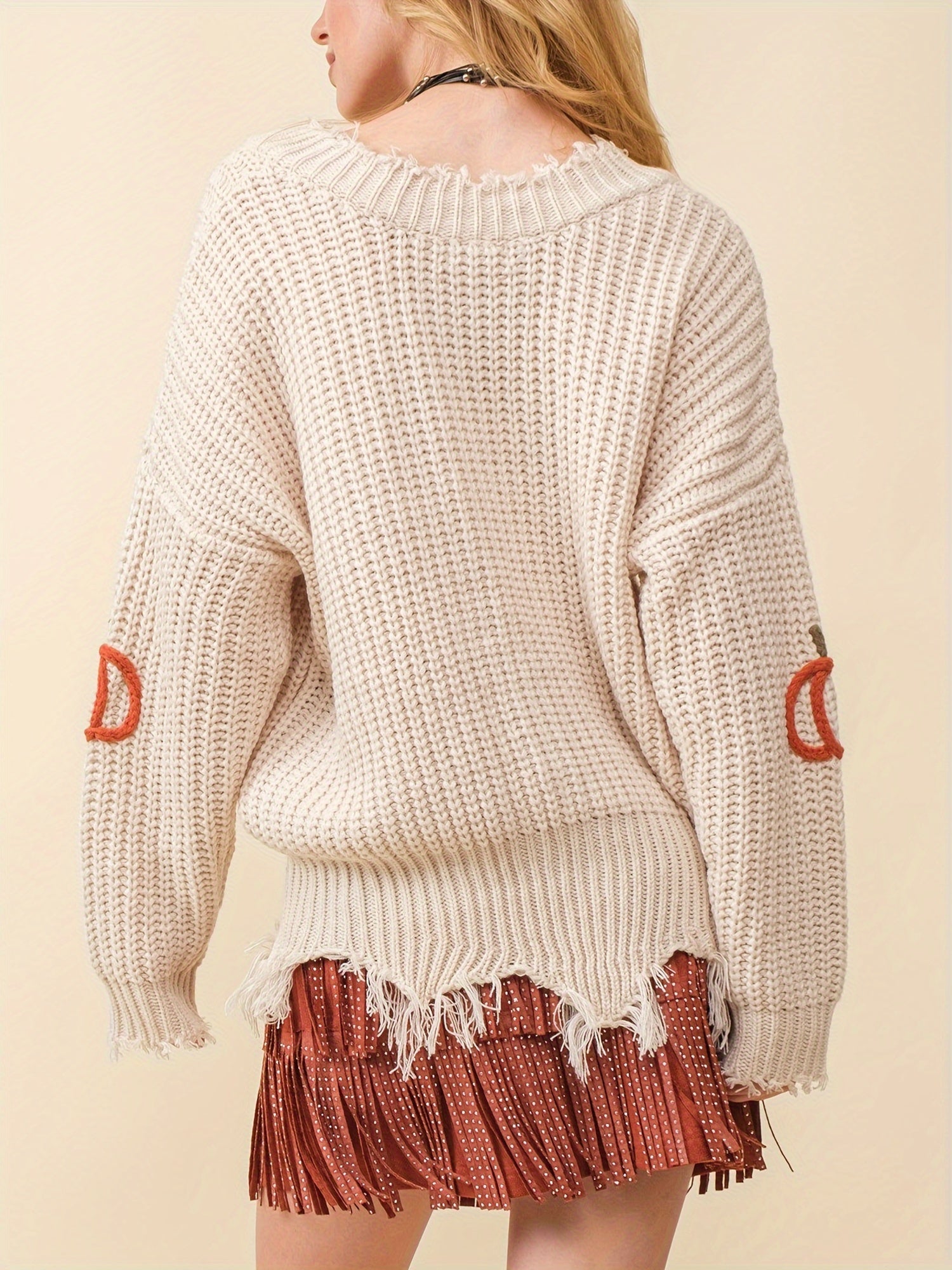 1pc Women'S Casual V-Neck Long Sleeve Pullover Sweater with Pumpkin Pattern, Acrylic Knit Warm Sweater for Fall\u002FWinter