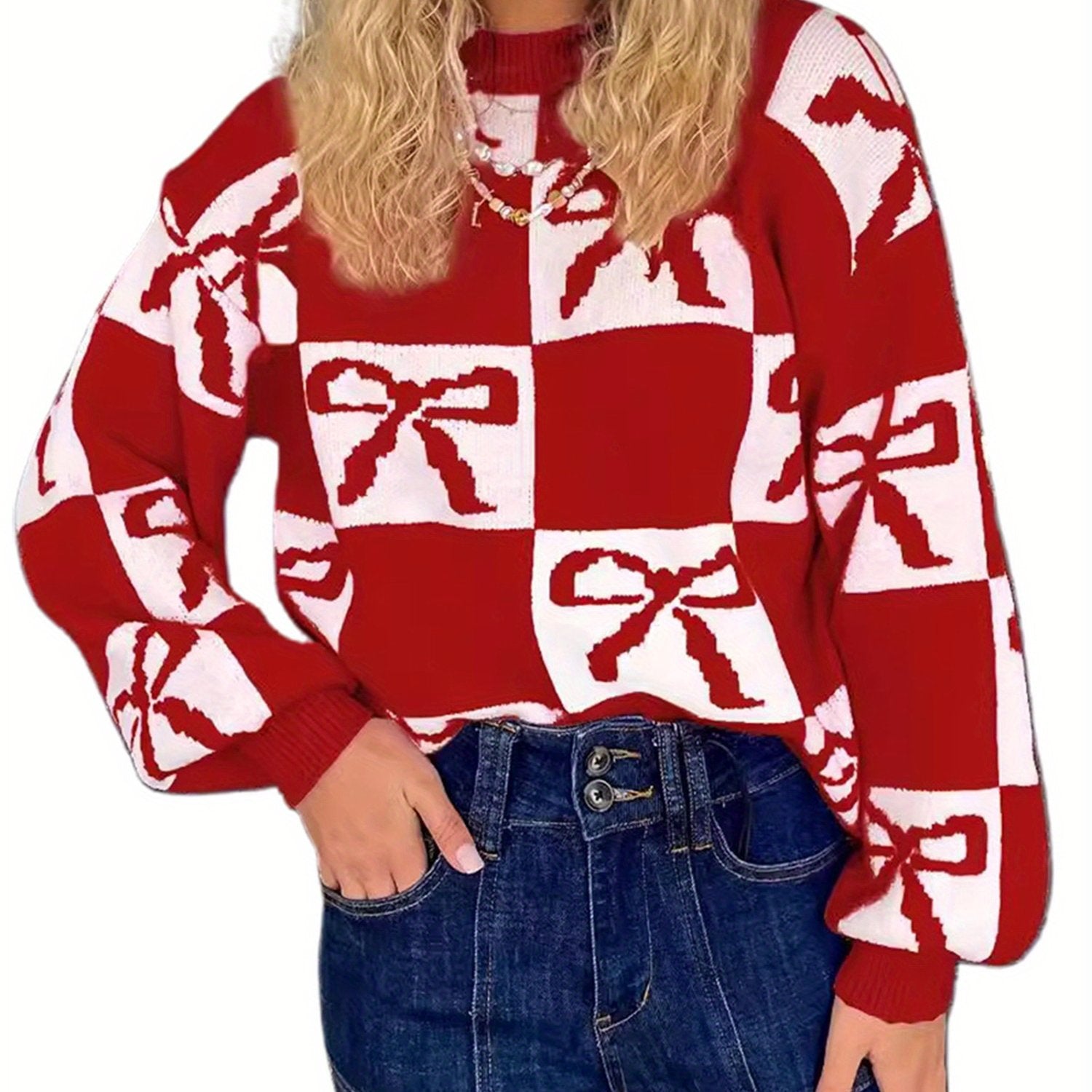 1pc Women'S Casual Crew Neck Knit Sweater - Polyester Long Sleeve Ribbed Top with Checkered Bow Pattern for Fall\u002FWinter