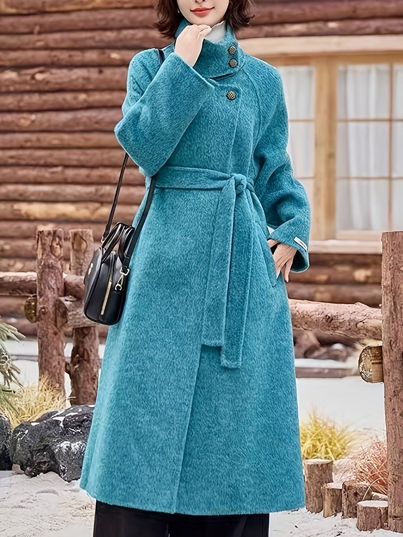 Elegant Teal Wool Winter Coat for Women - Double-Sided Nylon, Long Sleeve with Belt, Buttoned Turtleneck Collar, Ribbed Cuffs, Perfect for Cold Weather Outdoor Style