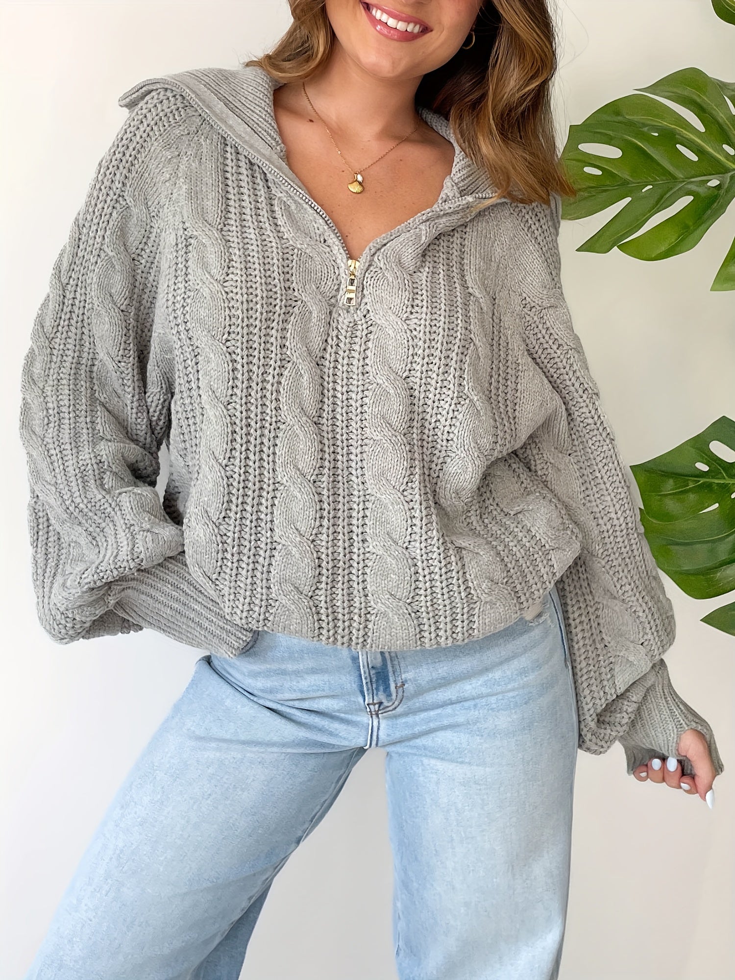 1pc Women'S Casual Cotton Cable Knit Sweater - Fall\u002FWinter Solid Color Long Sleeve Pullover with Sailor Collar and Zipper Detail