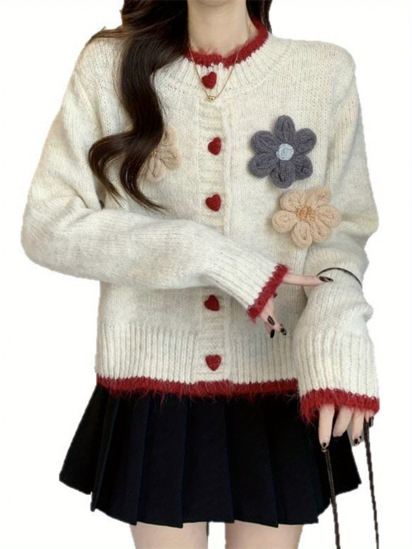 Women'S Elegant V-Neck Cardigan - Soft Gray Sweater with Floral Embellishments, Long Sleeve, Button-Up Front, Perfect for Autumn\u002FWinter, Casual & Formal Wear, Sweater Cardigan