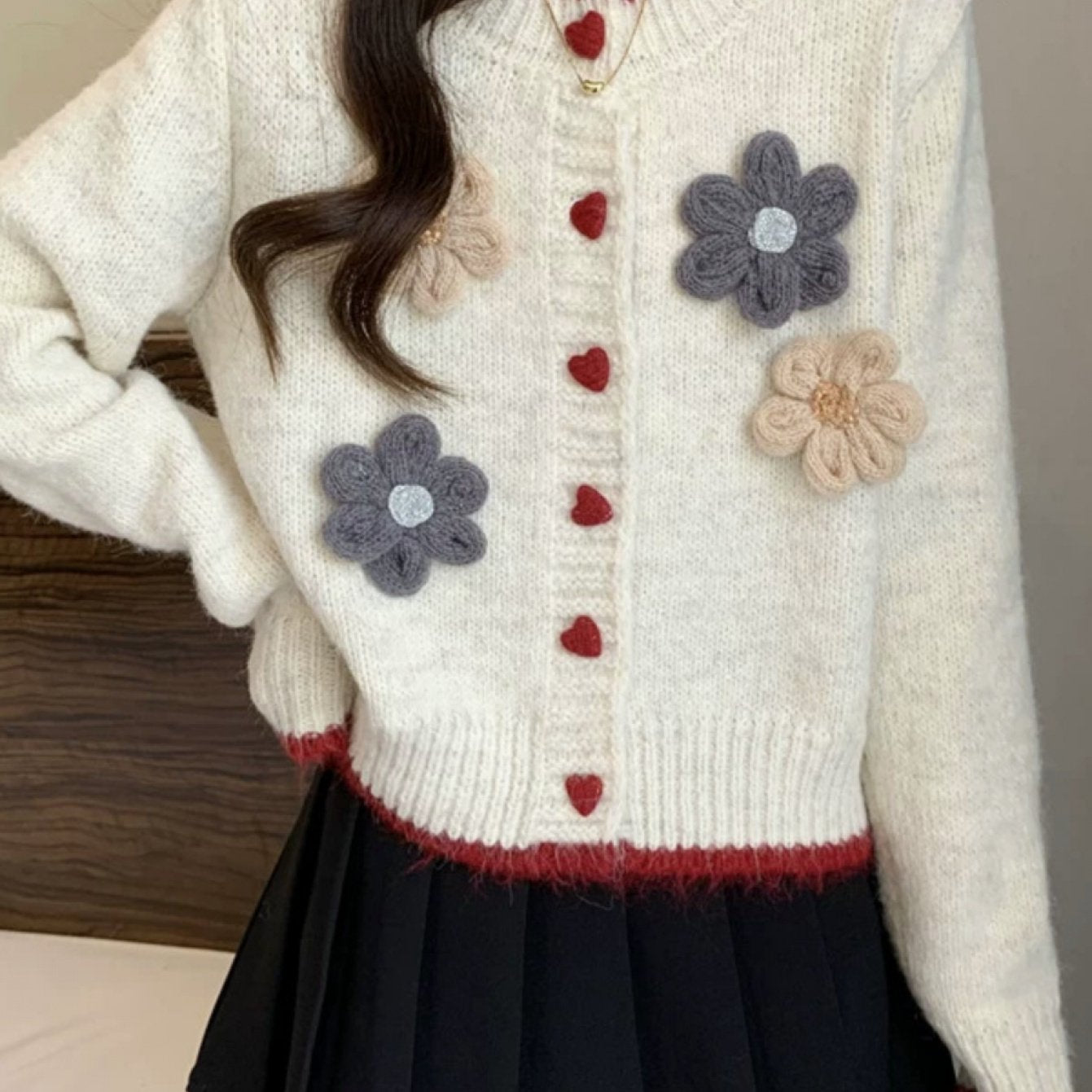 Women'S Elegant V-Neck Cardigan - Soft Gray Sweater with Floral Embellishments, Long Sleeve, Button-Up Front, Perfect for Autumn\u002FWinter, Casual & Formal Wear, Sweater Cardigan