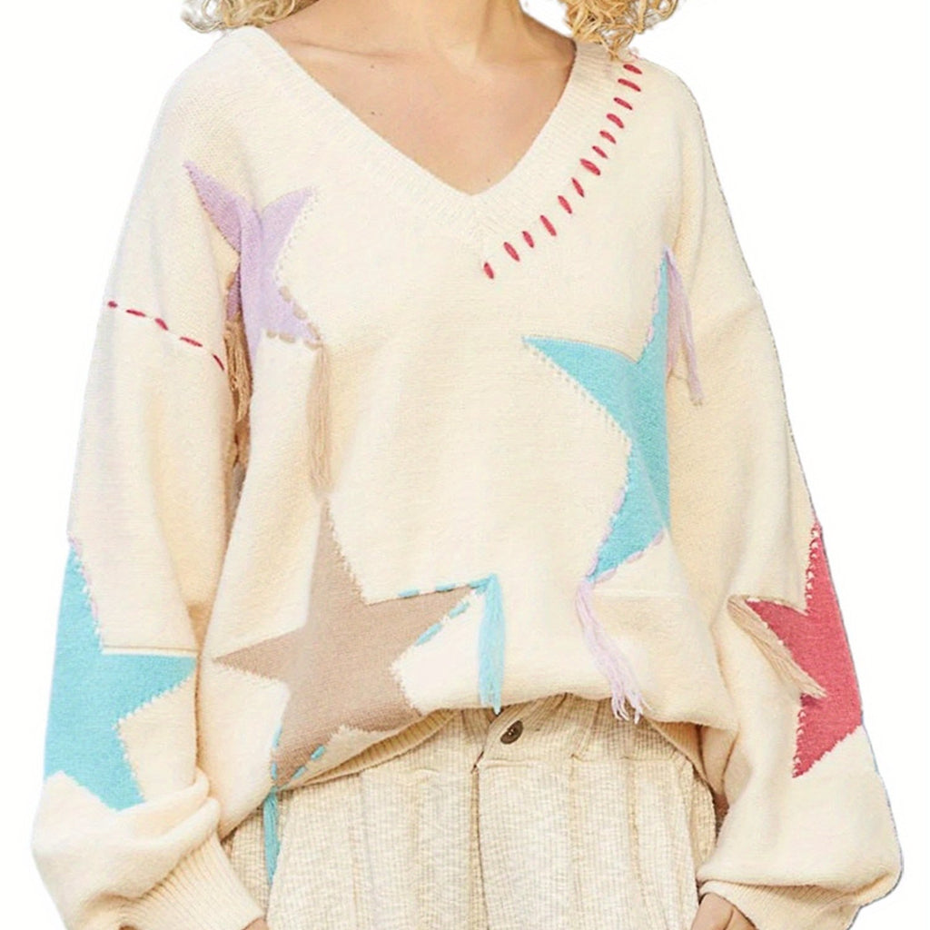1pc Women'S Casual Off-Shoulder Long Sleeve Sweater - V-Neck Knit Pullover with Patchwork Star Pattern, Polyester Fall\u002FWinter Top