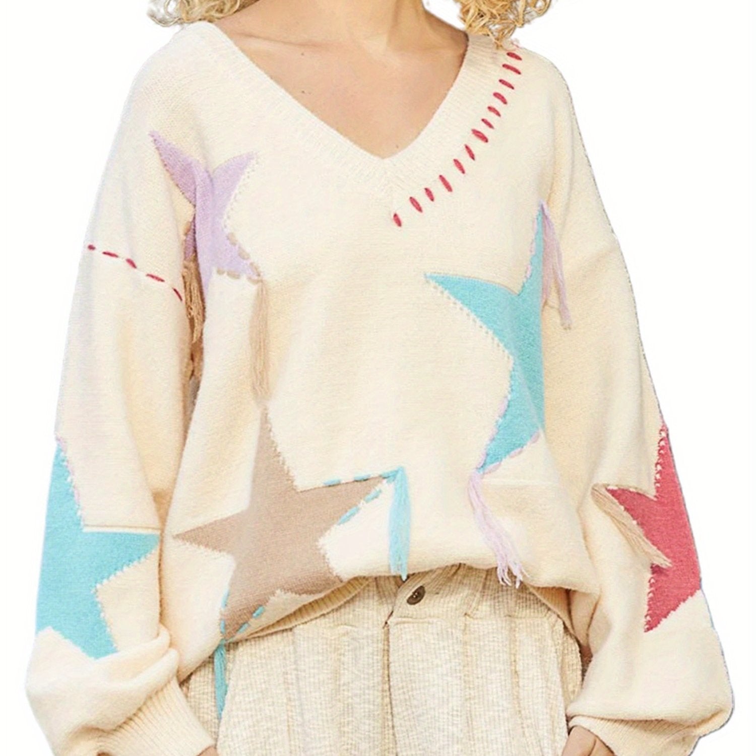 1pc Women'S Casual Off-Shoulder Long Sleeve Sweater - V-Neck Knit Pullover with Patchwork Star Pattern, Polyester Fall\u002FWinter Top