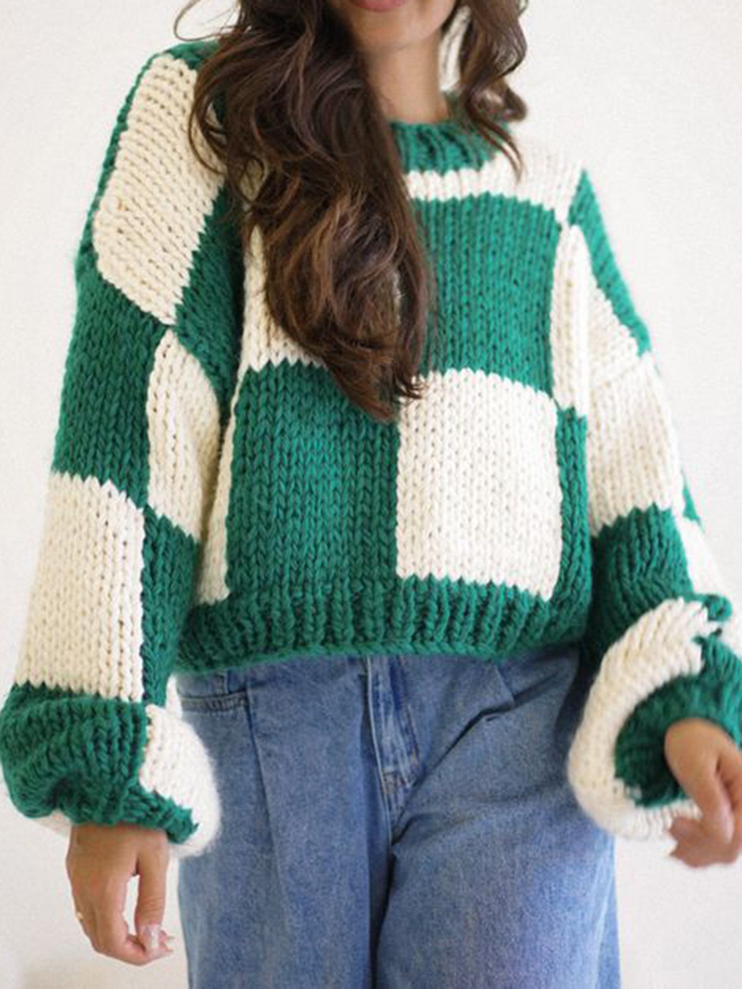 1pc Women'S Cozy Plaid Knit Sweater - Casual Round Neck Long Sleeve Pullover, Polyester Warm Christmas Pattern, Autumn\u002FWinter Basic Knitwear