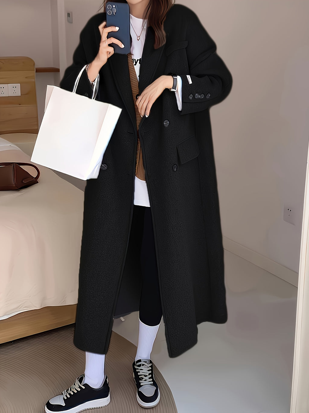 Autumn\Winter Casual Double-Breasted Over-the-Knee Long Coat, Seasonal Fashion, Autumn Coat, Classic Style, Elegant Design, Structured Fit, Nonstretch Fabric, Outerwear Piece, Kneelength Jacket, Daily Wear, Fashion Lovers