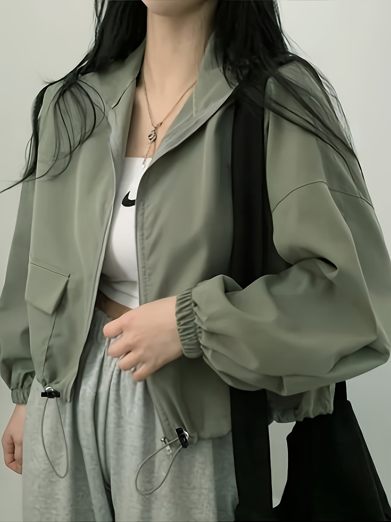 Women'S Lightweight Casual Windbreaker Jacket - Olive Green, Short Length, Zip-Up with Drawstring Hood, Long Sleeves, Perfect for Spring\u002FFall Outings, Spring Outerwear | Casual Style Jacket | Zippered Jacket, Windbreaker