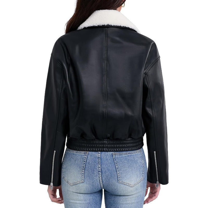 Leather Jacket WomenCropped Lambskin Bomber Jacket Removable Sherpa Collar Zip Front Elasticized Hem