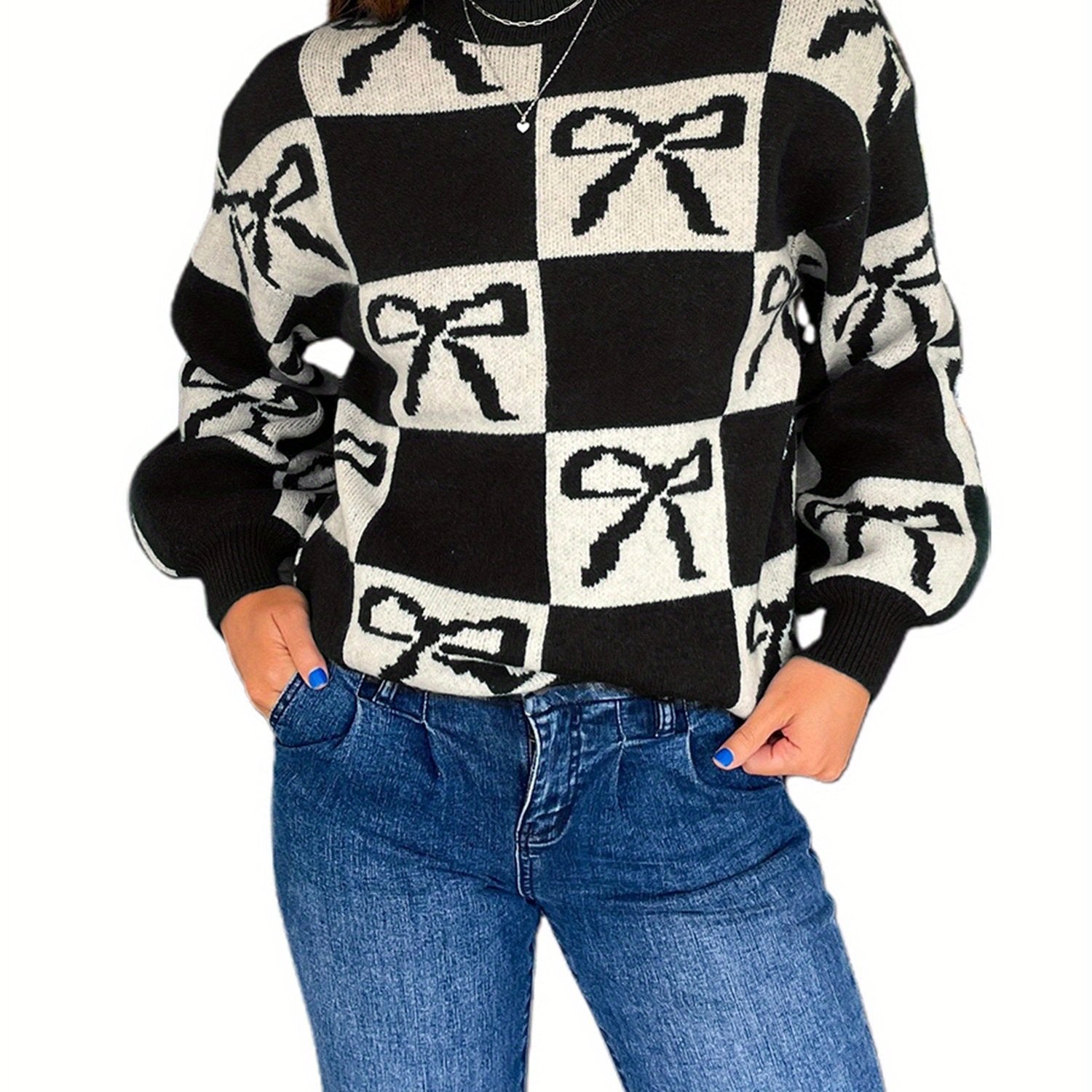 1pc Women'S Casual Crew Neck Knit Sweater - Polyester Long Sleeve Ribbed Top with Checkered Bow Pattern for Fall\u002FWinter