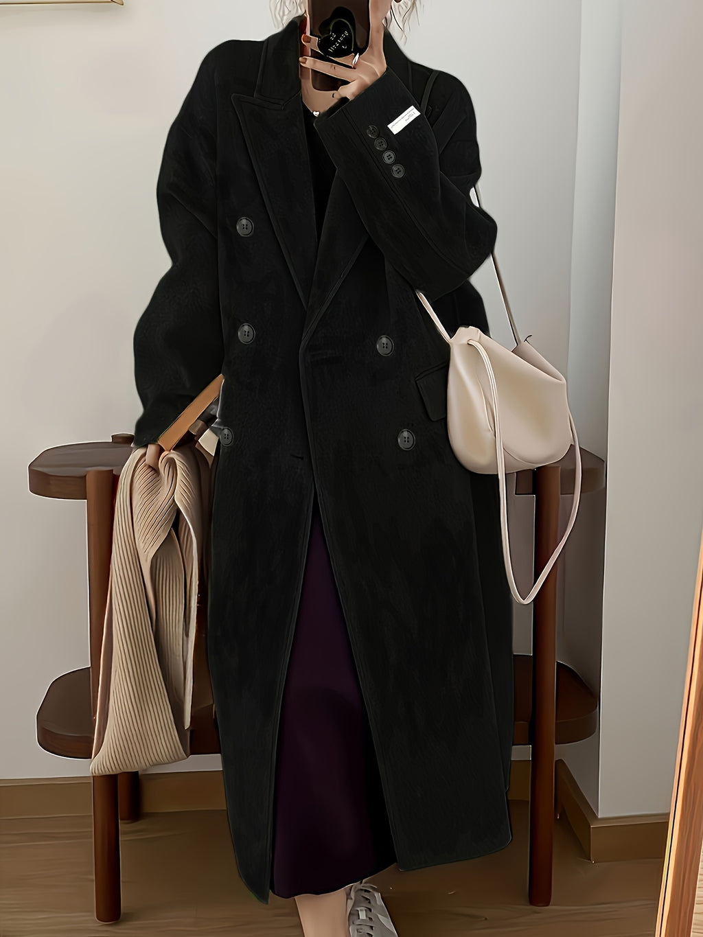 Autumn\Winter Casual Double-Breasted Over-the-Knee Long Coat, Seasonal Fashion, Autumn Coat, Classic Style, Elegant Design, Structured Fit, Nonstretch Fabric, Outerwear Piece, Kneelength Jacket, Daily Wear, Fashion Lovers